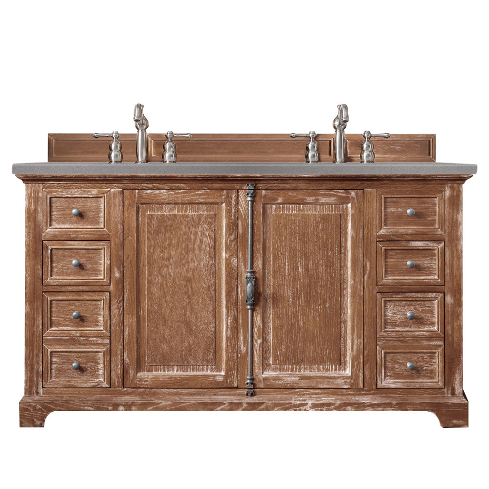 Providence 60-Inch Double Vanity Cabinet with Driftwood Finish & 3CM Grey Expo Quartz Top - Perfect for Master Bathroom Remodeling & Modern Home Decor
