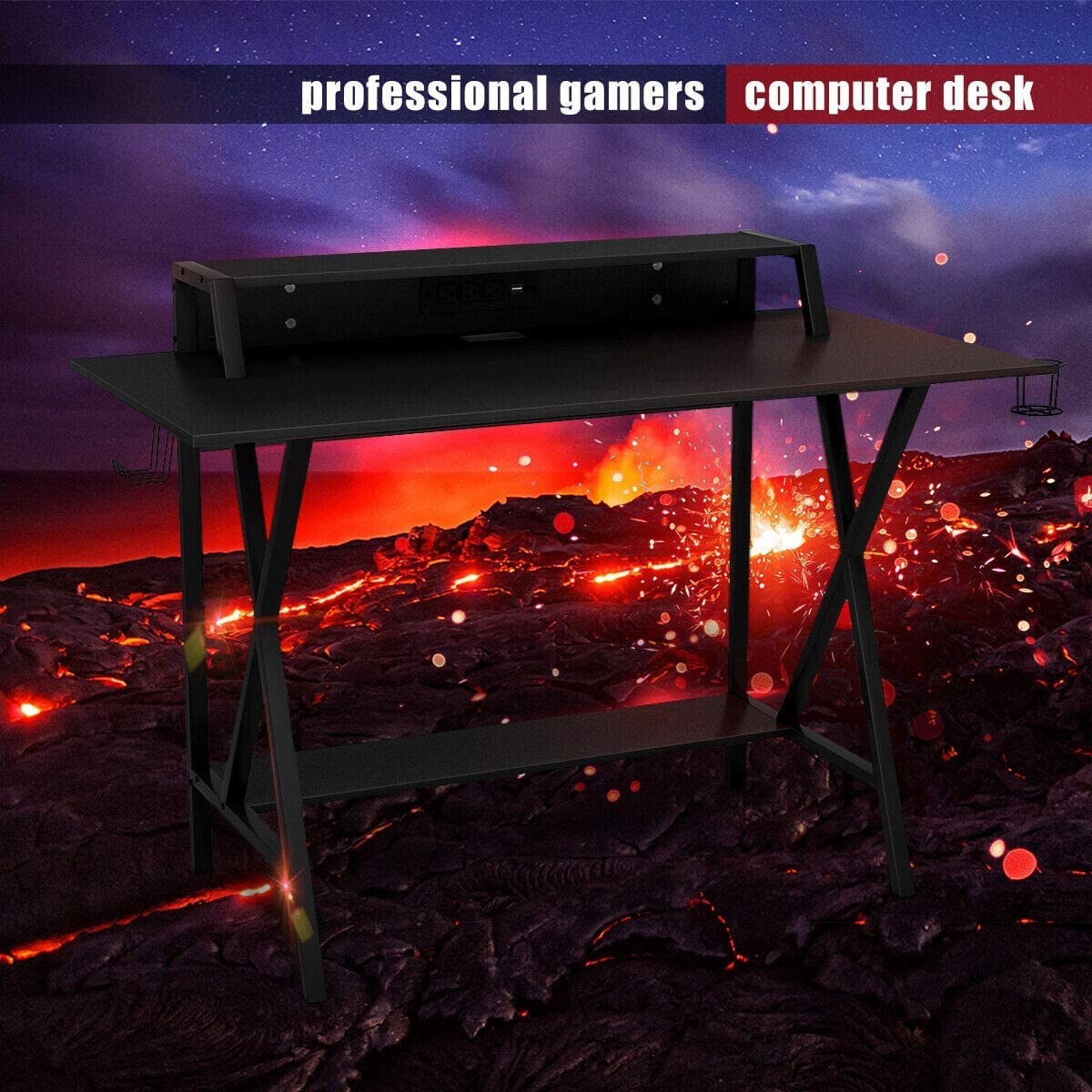 BUSHLY Gaming Desk - 55 Inch Black Computer Desk with Cup Holder, Headphone Hook & Cable Management | Ergonomic Home Office Desk for Gamers & Professionals | Perfect for Streaming, Video Editing & Remote Work