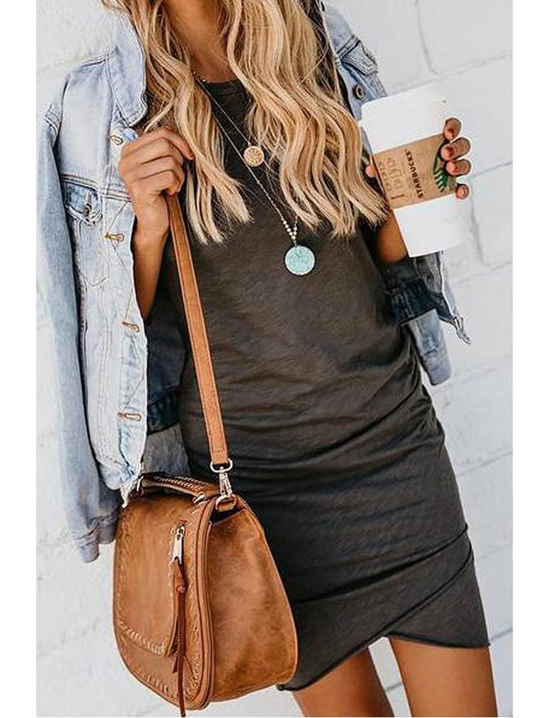Women's Summer Casual Crew Neck Ruched Stretchy Mini Dress - Flattering Bodycon T-Shirt Dress with Tulip Hem | Perfect for Beach Vacations, Date Nights & Summer Parties