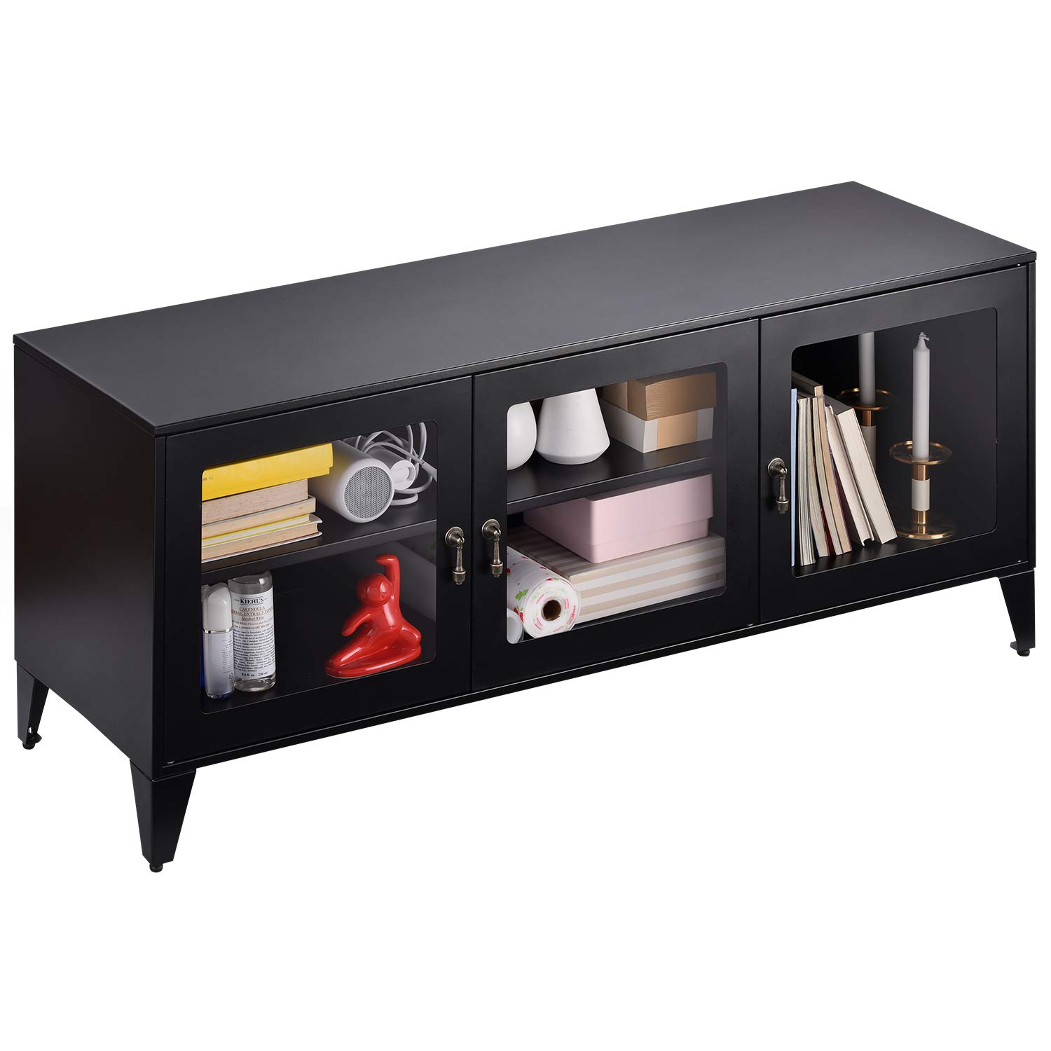 55 Inch Metal TV Stand with Acrylic Doors & Shelves - Black Entertainment Center for Living Room, Bedroom | Modern Storage Cabinet for TV, Gaming Console & Media Devices