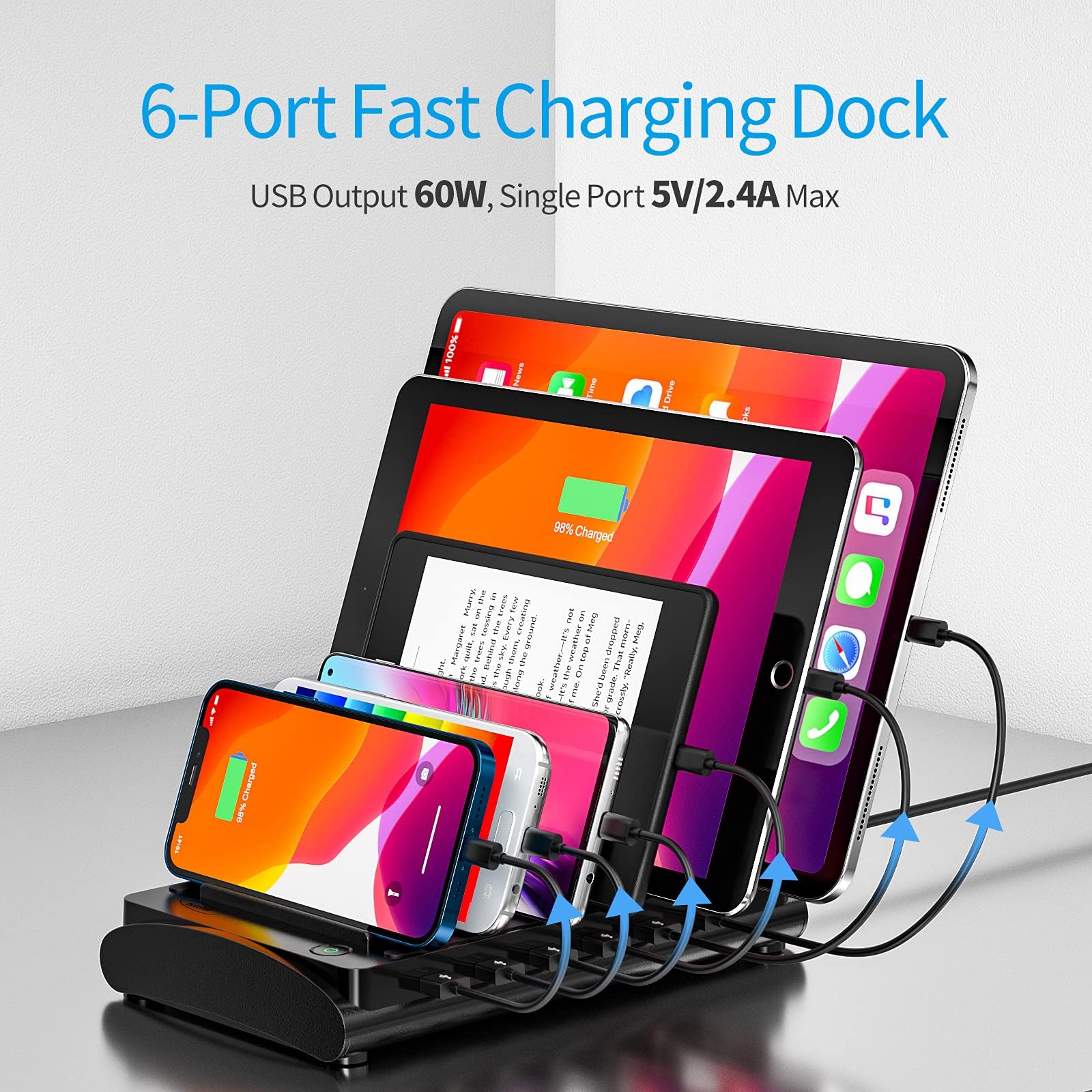 Bototek 60W 6-Port Charging Station for iPhone, iPad, Tablets - Home & Office Use