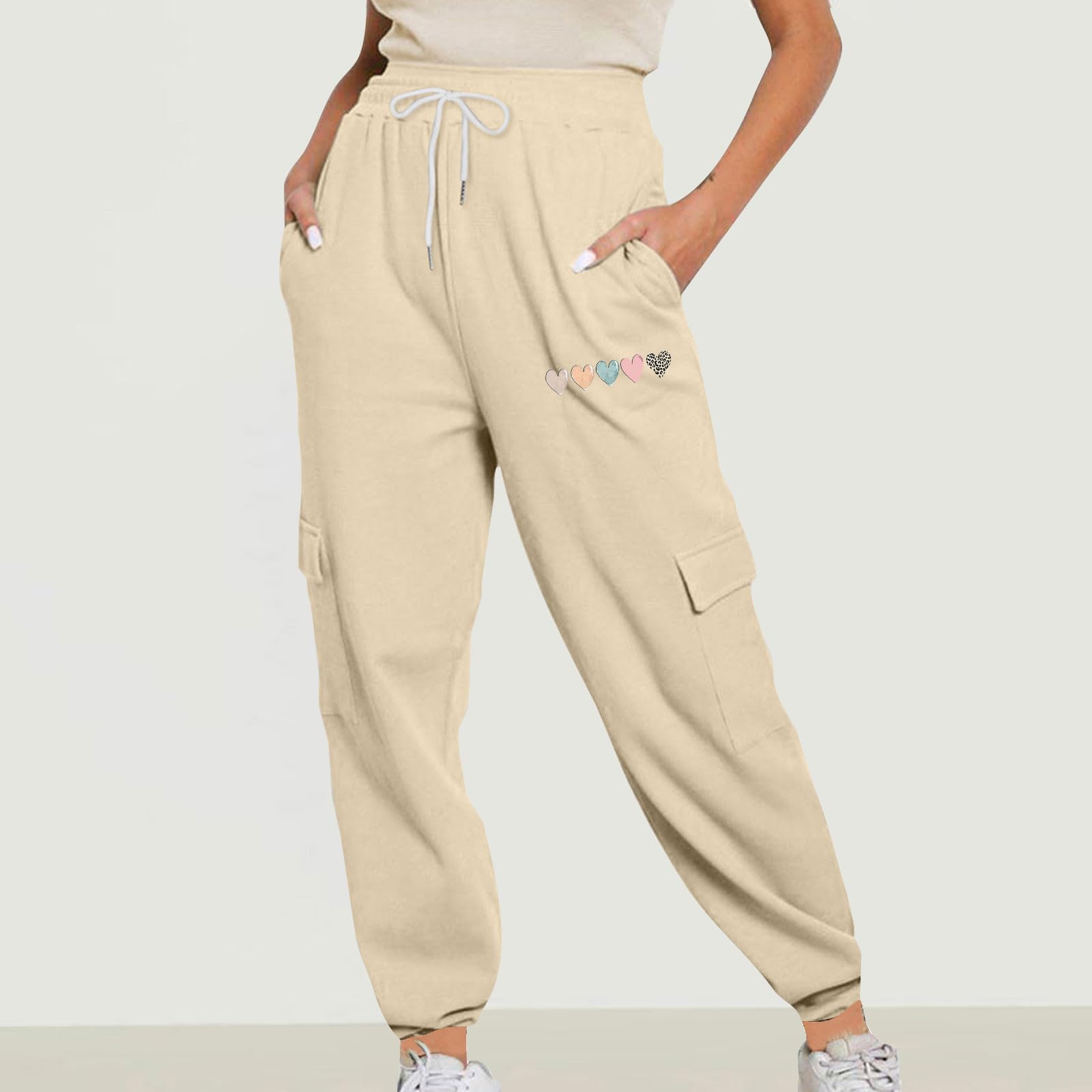 Women's Baggy Cargo Sweatpants - Elastic Waist Loose Fit Joggers with Trendy Heart Print | Y2K Streetwear Casual Pants for Workout, Lounge & Street Style Fashion