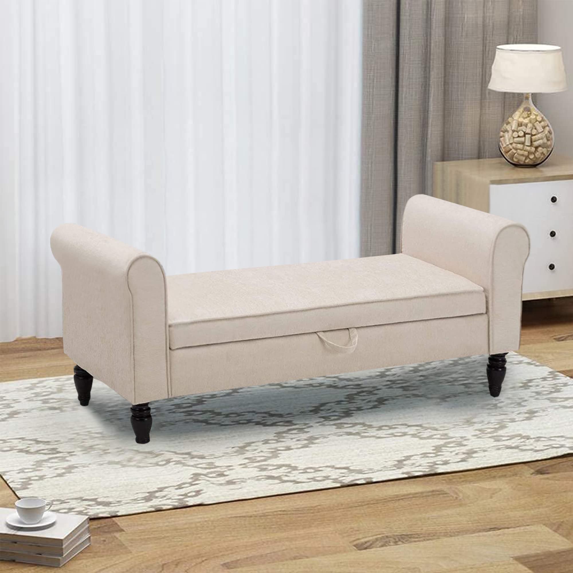 ANNJOE Upholstered Storage Ottoman Bench with Arms - Vanity Seat, Bedroom Bench, Entryway & End of Bed Stool - Beige Fabric - Perfect for Bedroom Decor, Living Room Seating & Entryway Organization