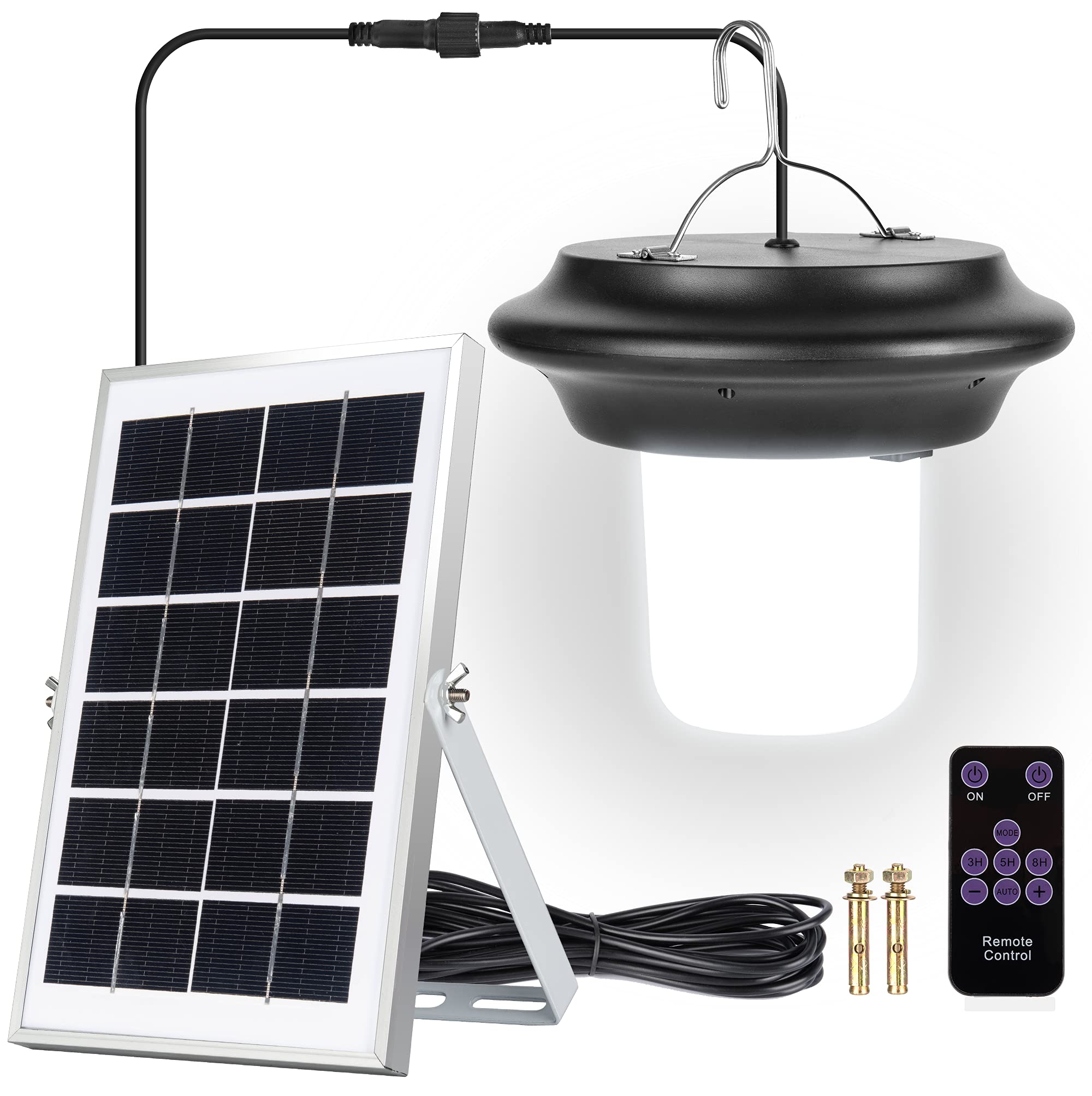 JACKYLED Solar Powered Pendant Light - Outdoor LED Hanging Light with Remote Control, 3300mAh Battery & 16.4ft Cord - Perfect for Gazebo, Chicken Coop, Carport, Pergola, Garden (6000K Cool White) | Weatherproof Solar Shed Lighting for Patio, Barn & Backyard