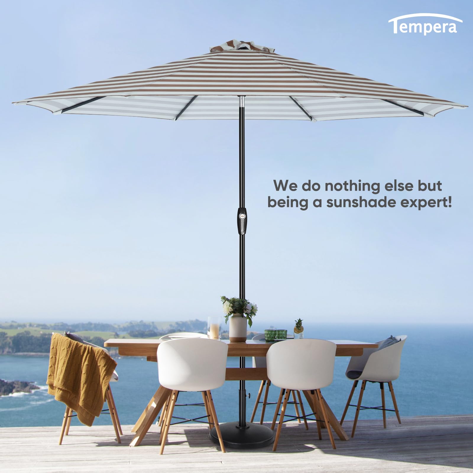 Tempera Patio Market Outdoor Table Umbrella with Auto Tilt & Crank - Large Sun Shade Umbrella with Sturdy Pole & Fade-Resistant Canopy - Easy Setup for Backyard, Poolside & Outdoor Dining