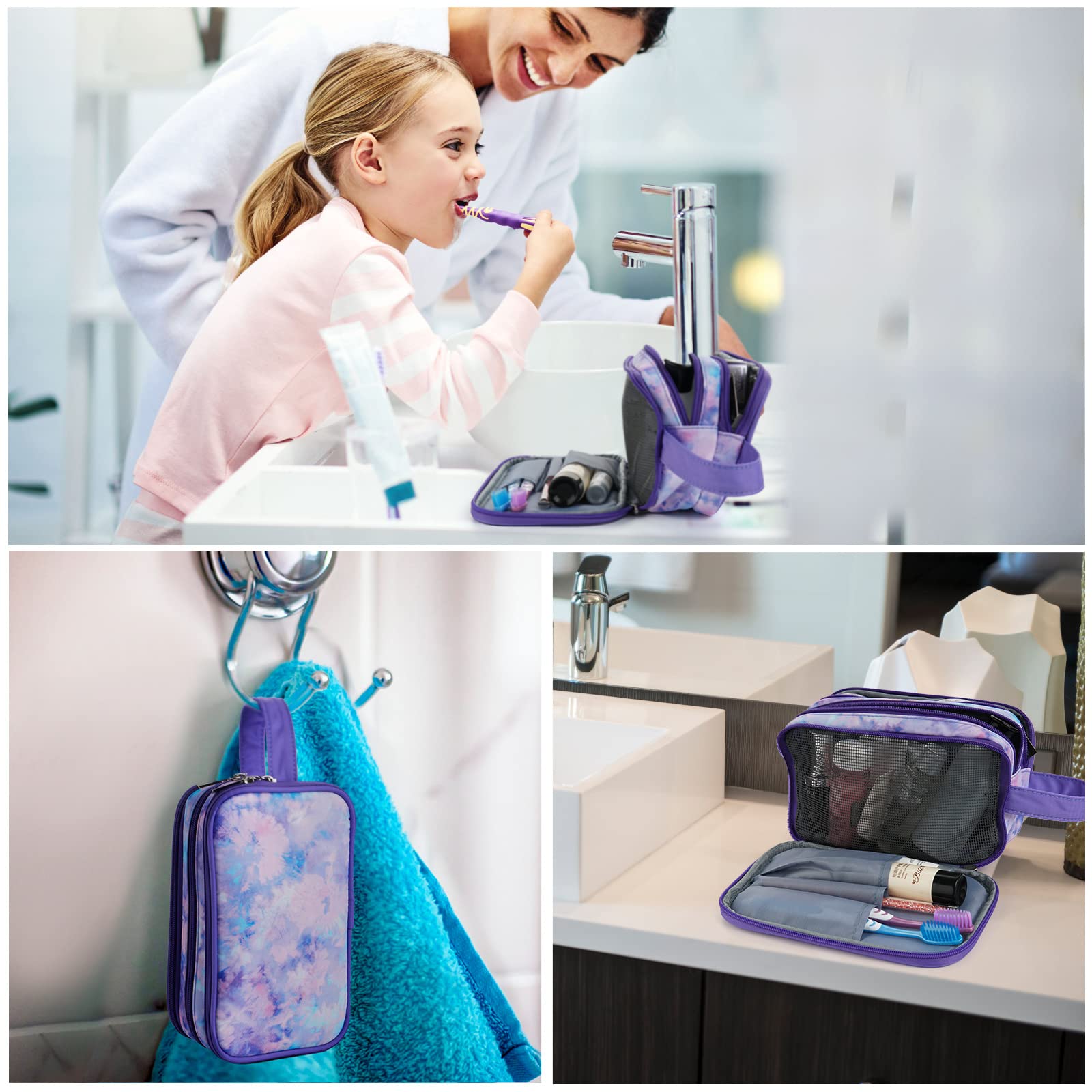 Waterproof Tie Dye Purple Travel Toiletry Bag for Girls & Teens - Hanging Cosmetic Makeup Organizer for Bathroom, School, Camping & Vacation Essentials