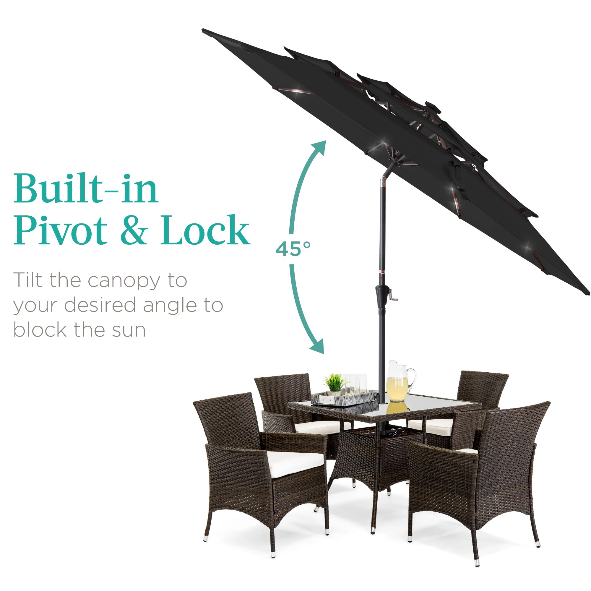Best Choice Products 10ft 3-Tier Solar Patio Umbrella with 24 LED Lights - Outdoor Market Sun Shade for Backyard, Deck, Poolside - Tilt Adjustment & Easy Crank - 8 Ribs - Black - Perfect for Outdoor Dining, Lounging, and Entertaining