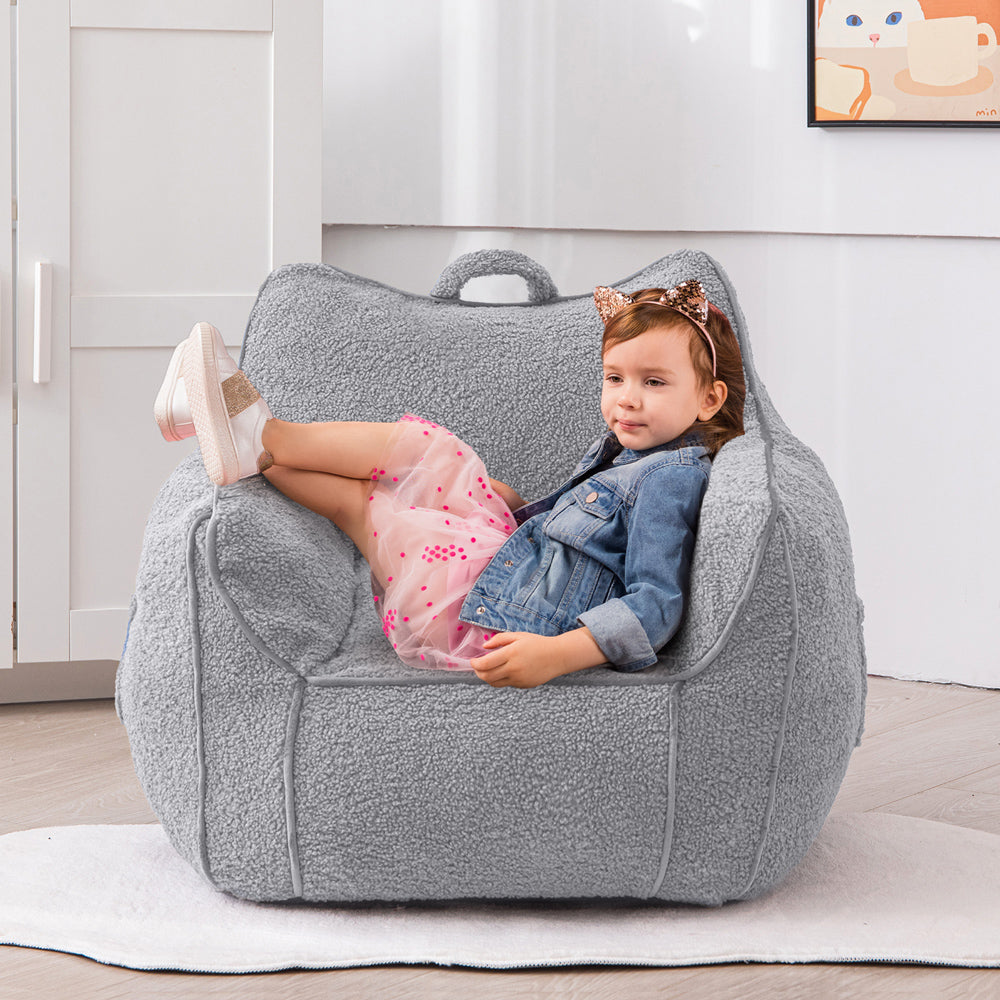 MAXYOYO Kids Sherpa Bean Bag Chair - Soft & Cozy Bean Bag Couch with Decorative Edges for Children's Room, Nursery or Playroom (Grey) - Perfect for Reading, Gaming & Relaxing