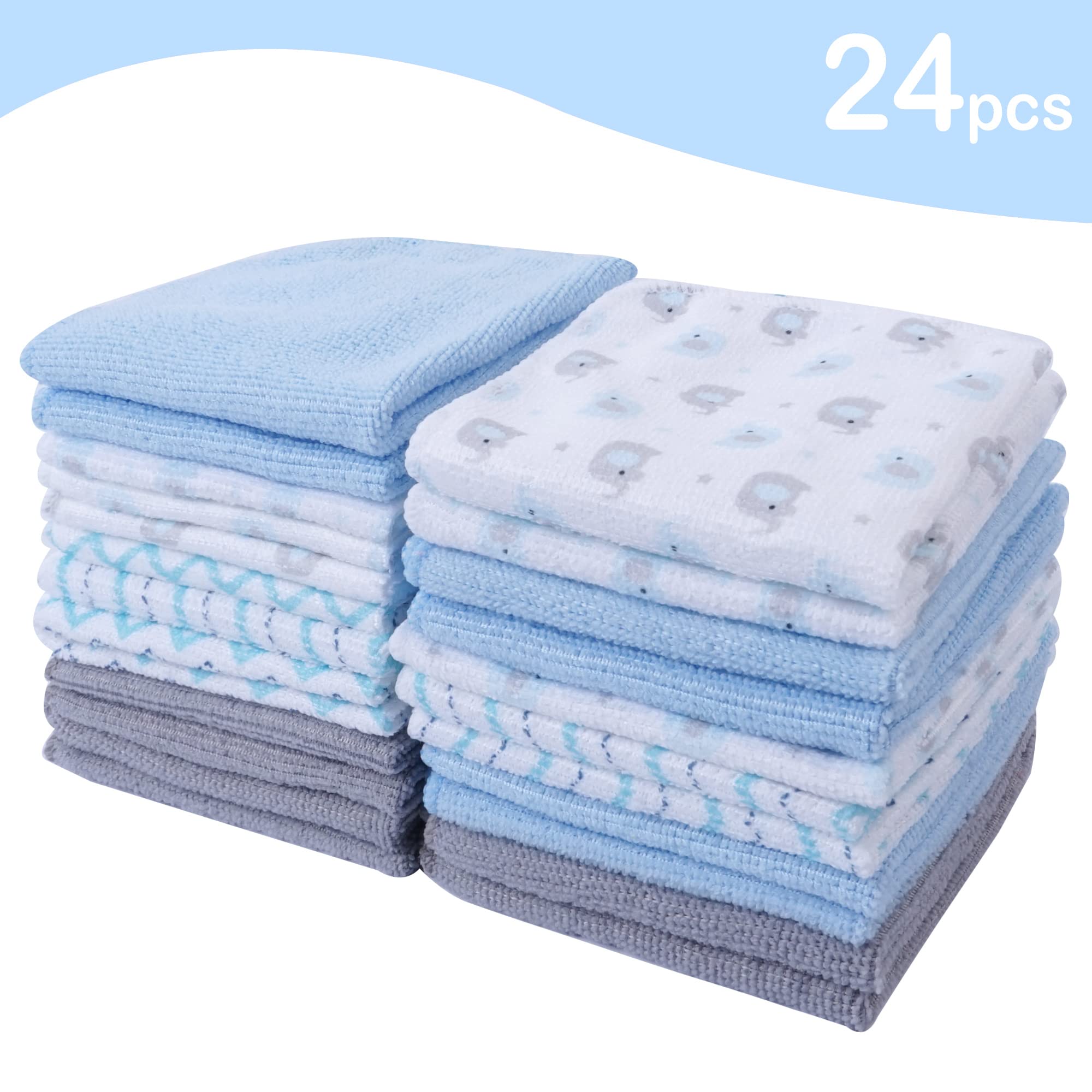 Viviland 24-Pack Super Soft Baby Washcloths for Newborns & Infants | Gentle Absorbent Bath Towels & Face Washcloths for Boys & Girls | Sensitive Skin Safe | 9x9 Inch Blue Elephant Design | Perfect for Bath Time, Diaper Changes & Gentle Skin Care