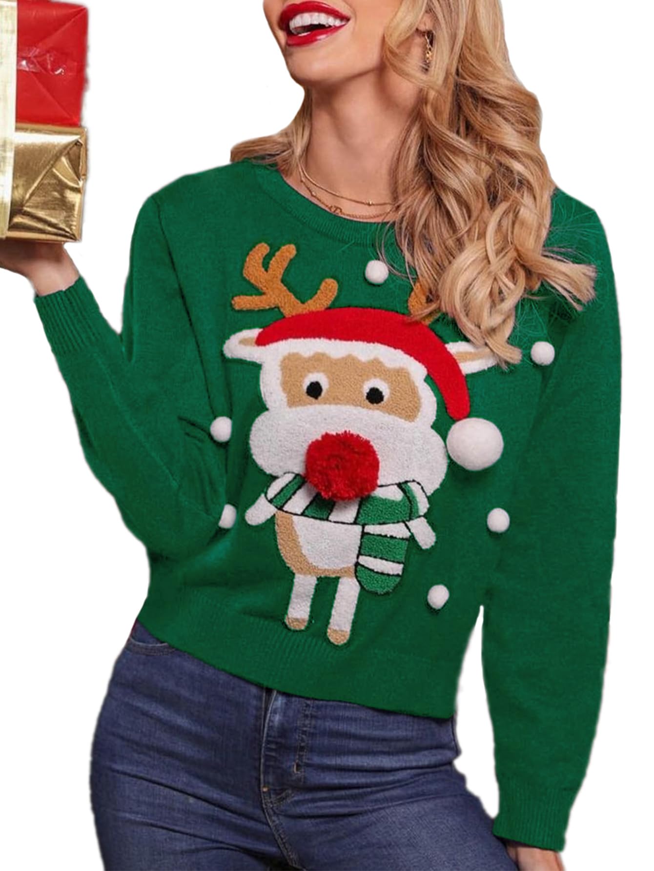 Amegoya Women's Funny Ugly Christmas Sweater - Reindeer Knit Crewneck Pullover for Holiday Parties | Perfect for Xmas Gatherings, Office Parties & Family Photos