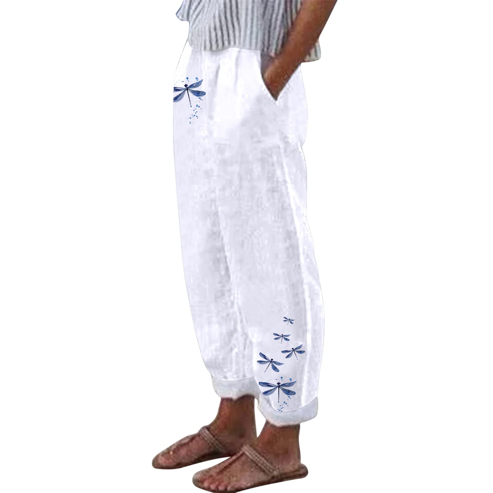 Makalon Women's White Cotton Casual Pants with Pockets - High Waist Straight Leg Loose Fit Printed Trousers for Work, Office & Everyday Wear