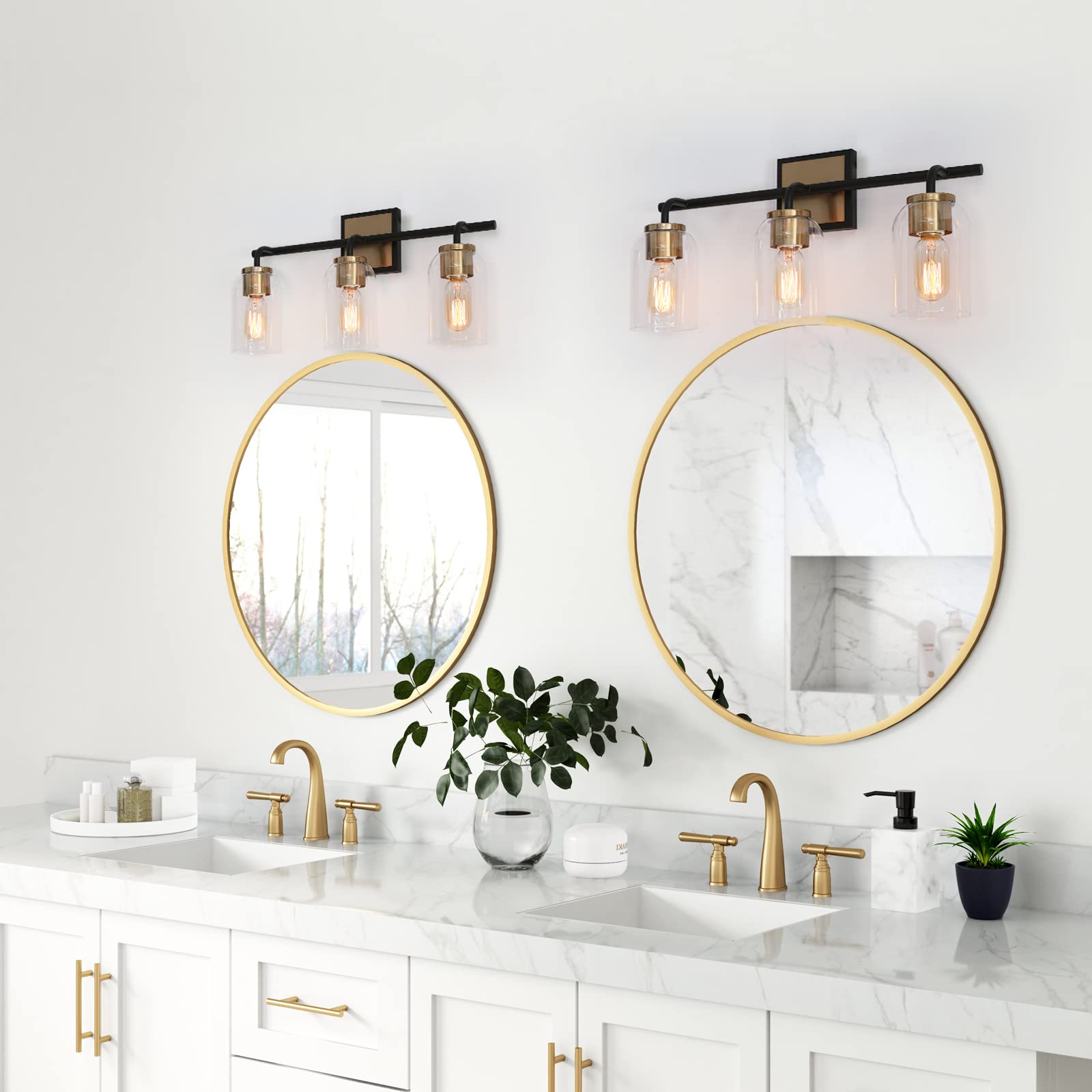 Modern Farmhouse Bathroom Vanity Light Fixture - Black & Gold Electroplate Copper Accent with 3 Clear Glass Shades (19.7