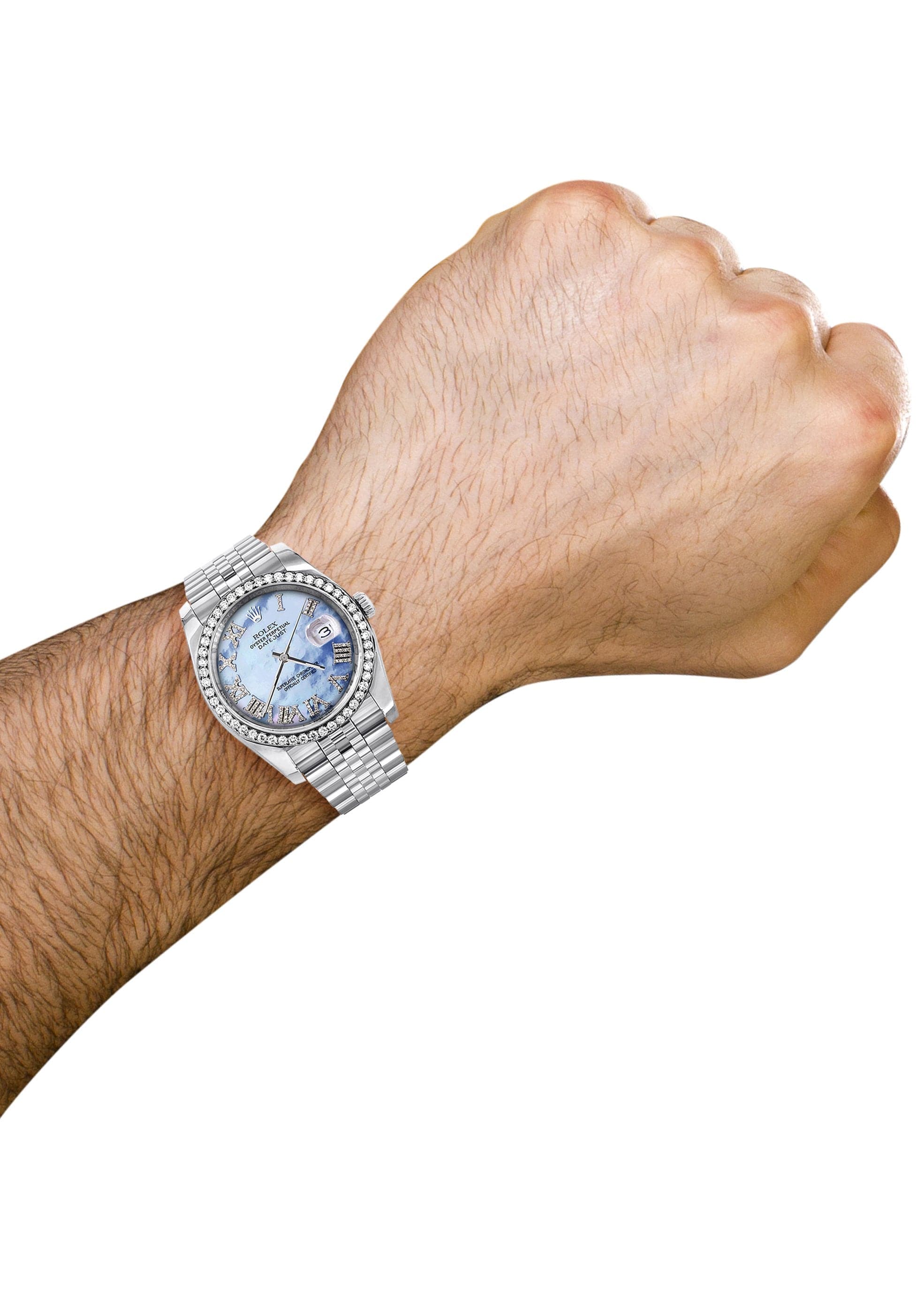 Rolex Datejust 36mm Watch - Hidden Clasp, Diamond Bezel, Blue Mother of Pearl Roman Dial, Jubilee Band | Luxury Men's Watch for Business & Formal Occasions