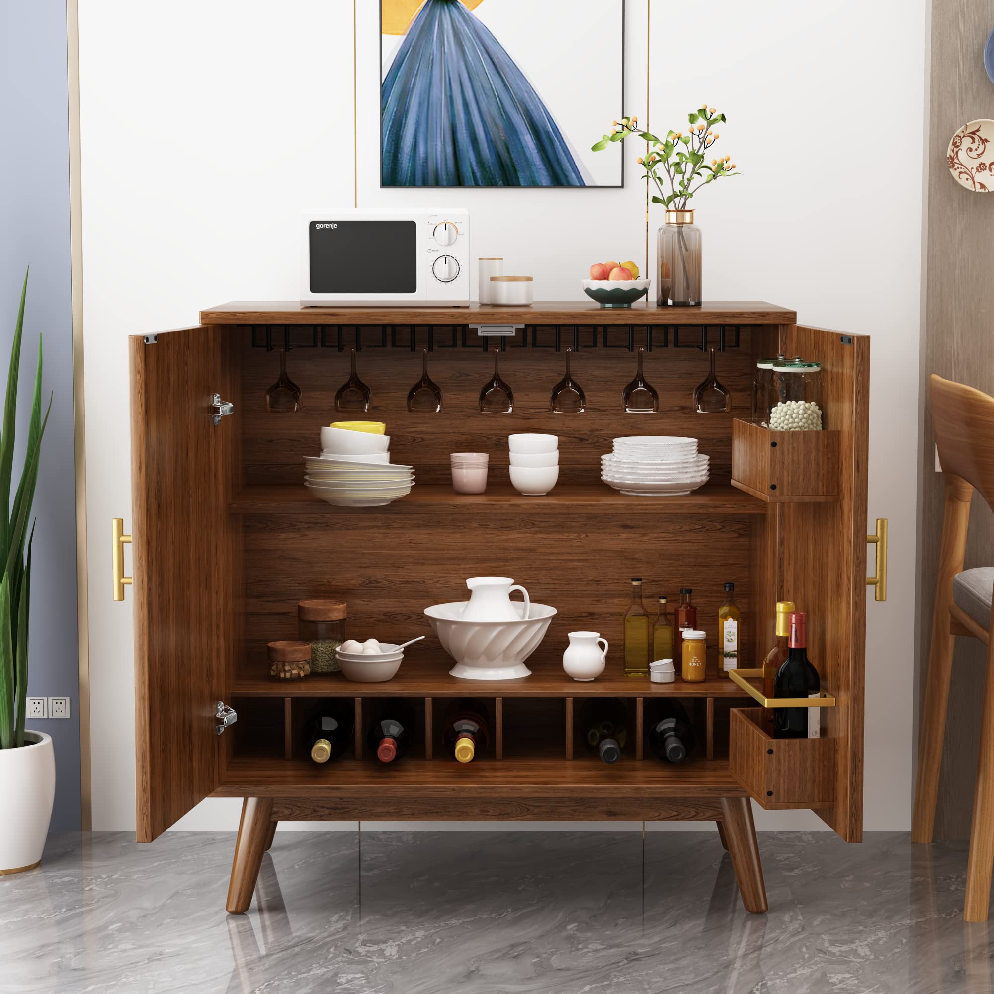 Lamerge Wine Bar Cabinet - Walnut Kitchen Storage Cabinet with Wine Rack & Shelves, Liquor & Coffee Bar Organizer for Home, Living Room, Kitchen, Hallway - Perfect for Entertaining Guests & Home Decor
