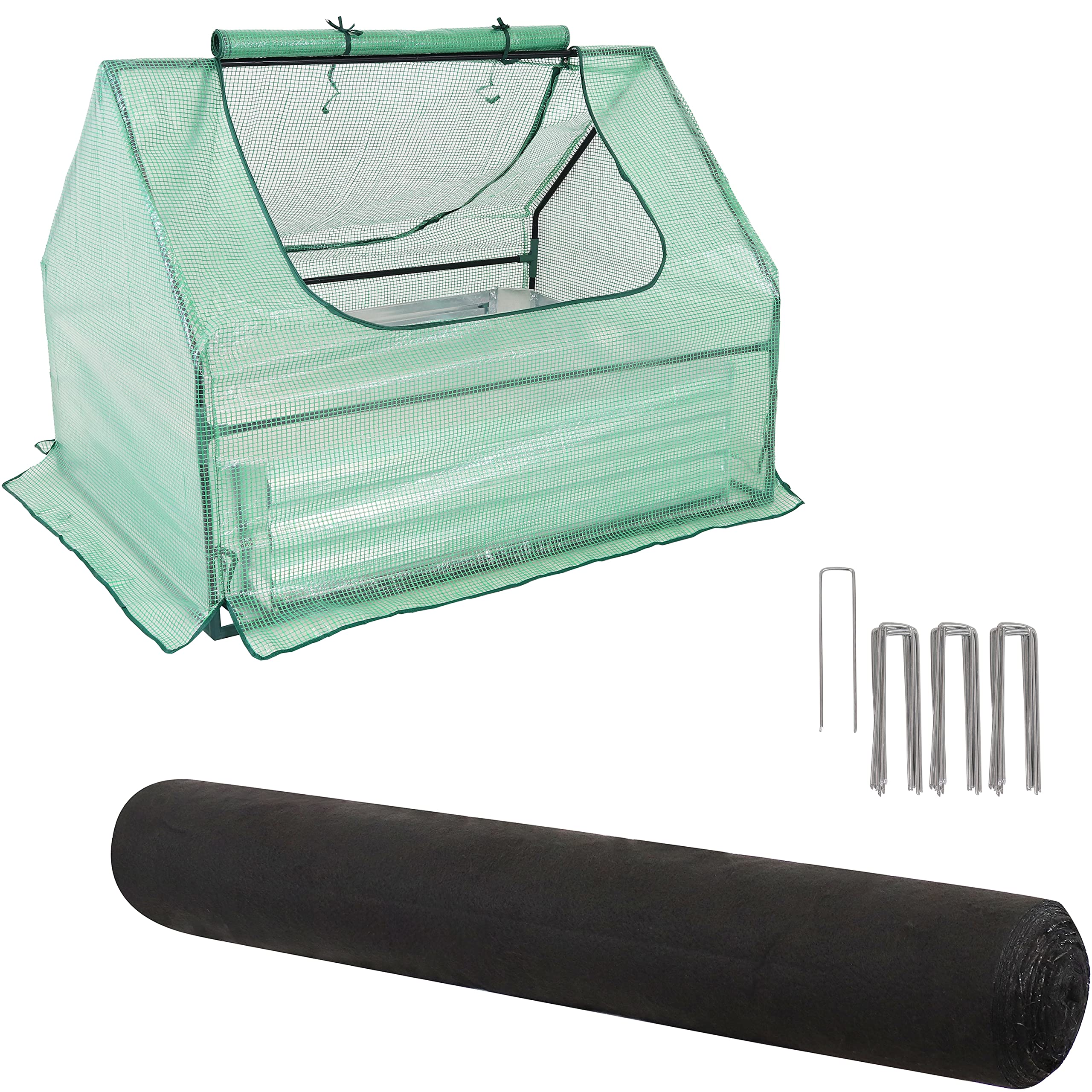 Sunnydaze 4' x 3' Green Greenhouse with Sturdy Steel Frame & Galvanized Planter Box - Includes 5.8 oz Black Woven Polypropylene Weed Barrier Fabric (4' x 100') & 30 Landscape Staples - Perfect for Backyard Gardening, Plant Protection & Weed Control
