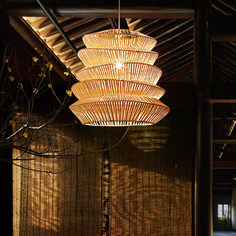 Natural Bamboo Hanging Light Fixture - Wicker E27 Pendant Lamp with Rattan Basket | Creative Retro Chandelier & Chinese Art Lantern | Perfect for Boho Bedroom, Farmhouse Dining Room & Cozy Patio Lighting Decor