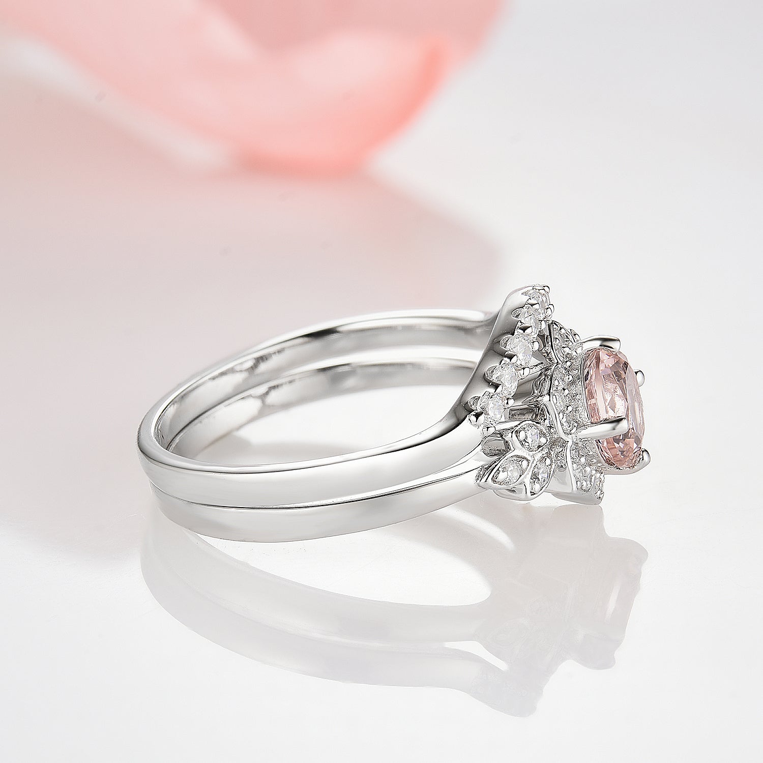 Elegant Jasmine Morganite Ring Set in Sterling Silver - Perfect for Weddings, Anniversaries & Special Occasions