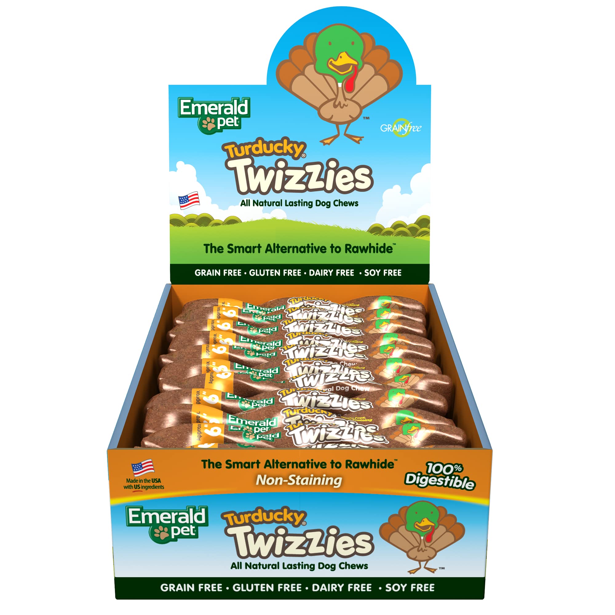 Emerald Pet Twizzies Rawhide-Free 100% Digestible Natural Dog Chew Treats - USA Made Turkey Duck Flavor - 30 Count Box - Long-Lasting Dental Chews for Medium & Large Dogs - Perfect for Training, Teething & Anxiety Relief