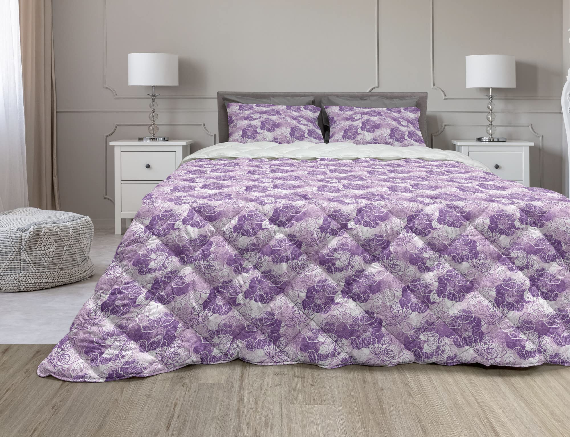 Lunarable Floral Comforter Set 3-Piece Full Size - Purple Botanical Meadow Flowers Duvet Cover with Microfiber Filling | Romantic Bedroom Decor for Master & Guest Rooms