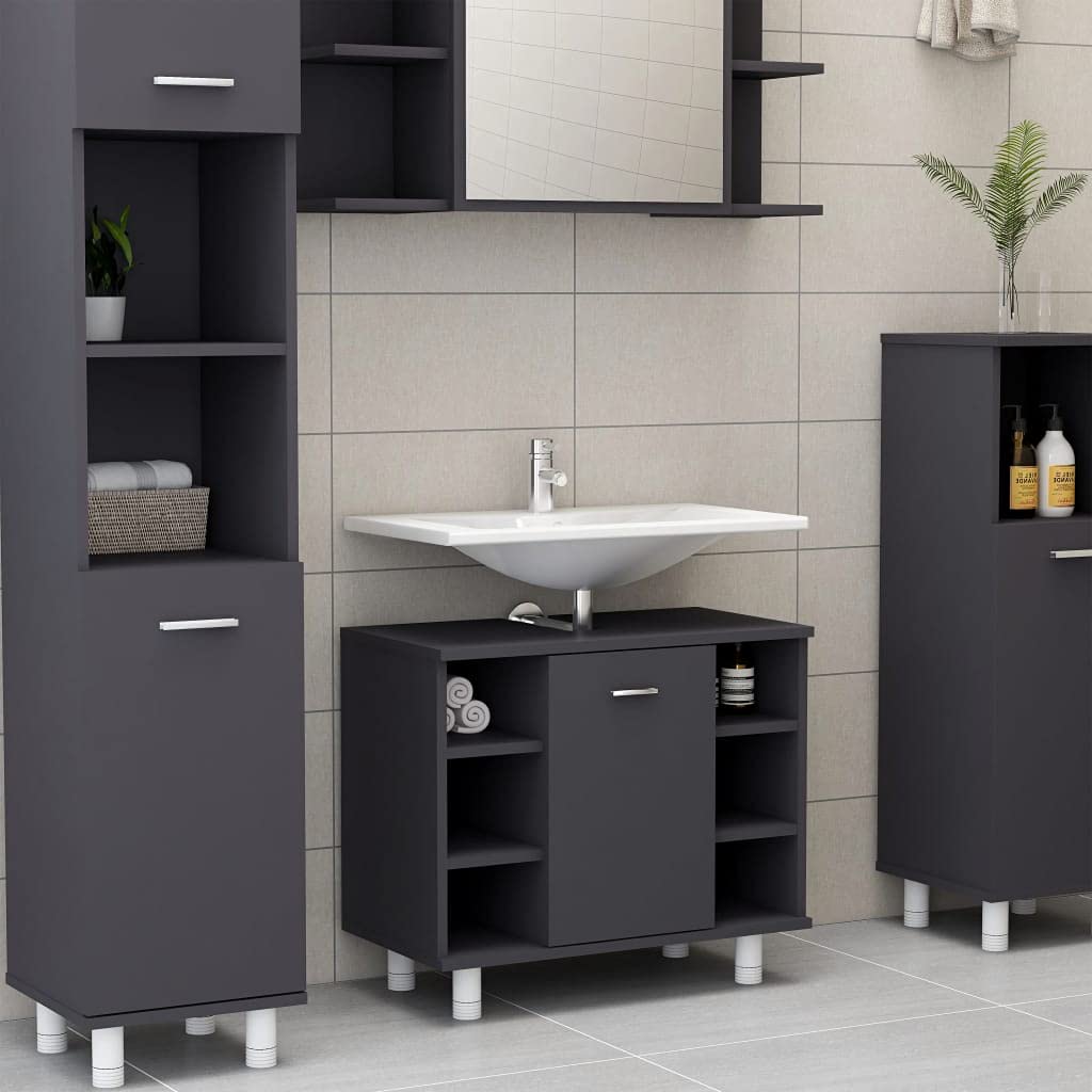 Modern Grey Bathroom Storage Cabinet with 7 Compartments & Door - Freestanding Floor Organizer (23.6
