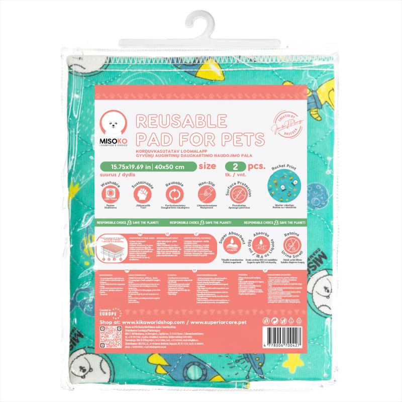 Misoko Reusable Pet Pads with Rockets Design - Mint Green, 2-Pack - Absorbent & Washable for Dogs, Cats, Puppies, and Kittens - Perfect for Training, Crate Lining, and Travel Use