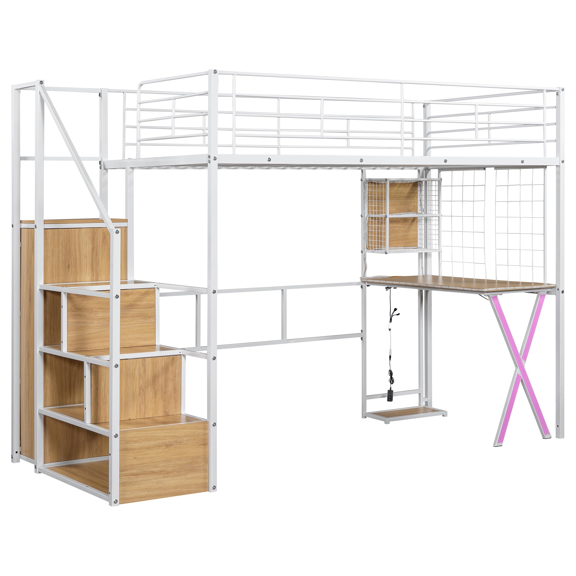 LZ LEISURE ZONE Twin Size Metal Loft Bed with Built-in Desk, Wardrobe, Storage Stairs & LED Lights - White | Space-Saving Bedroom Furniture for Teens, College Dorms & Small Apartments