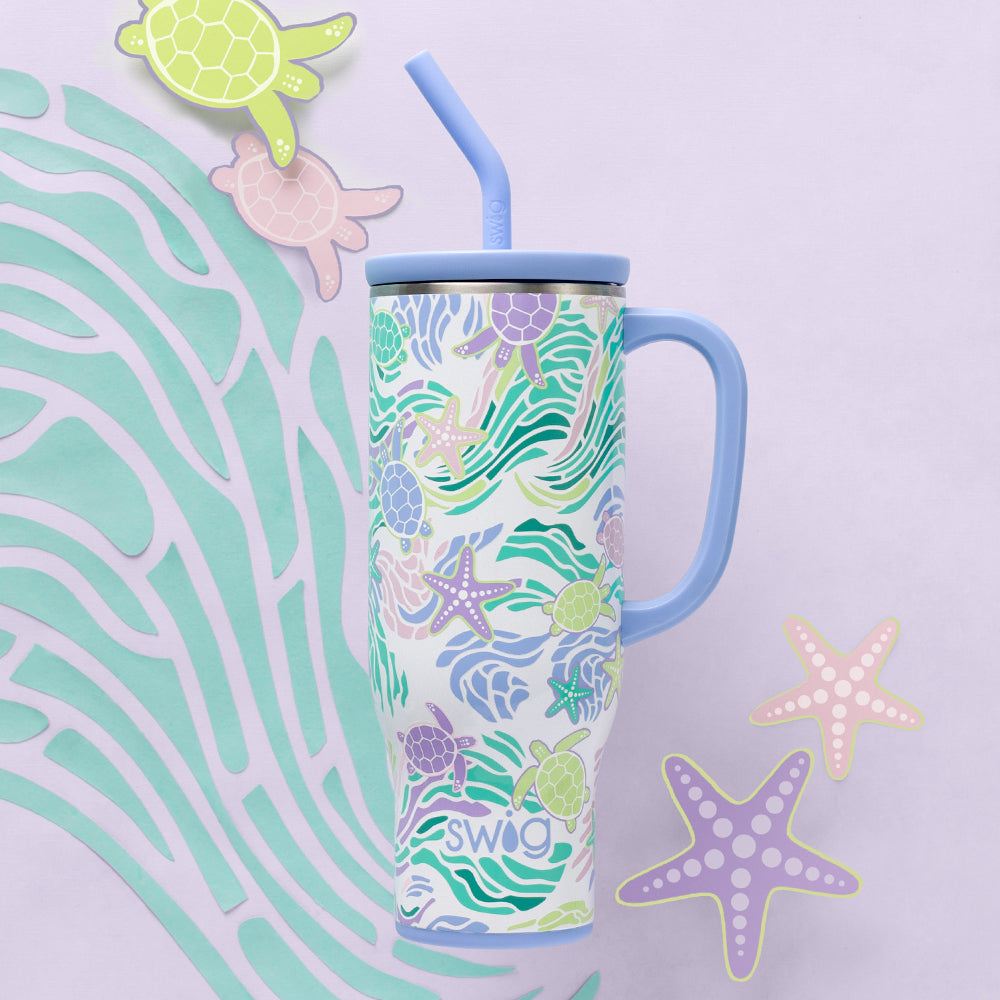 Sea Swirl Mega Mug 30oz - Large Insulated Tumbler with Lid & Straw - Perfect for Iced Coffee, Smoothies & Cold Drinks at Home, Office or Travel