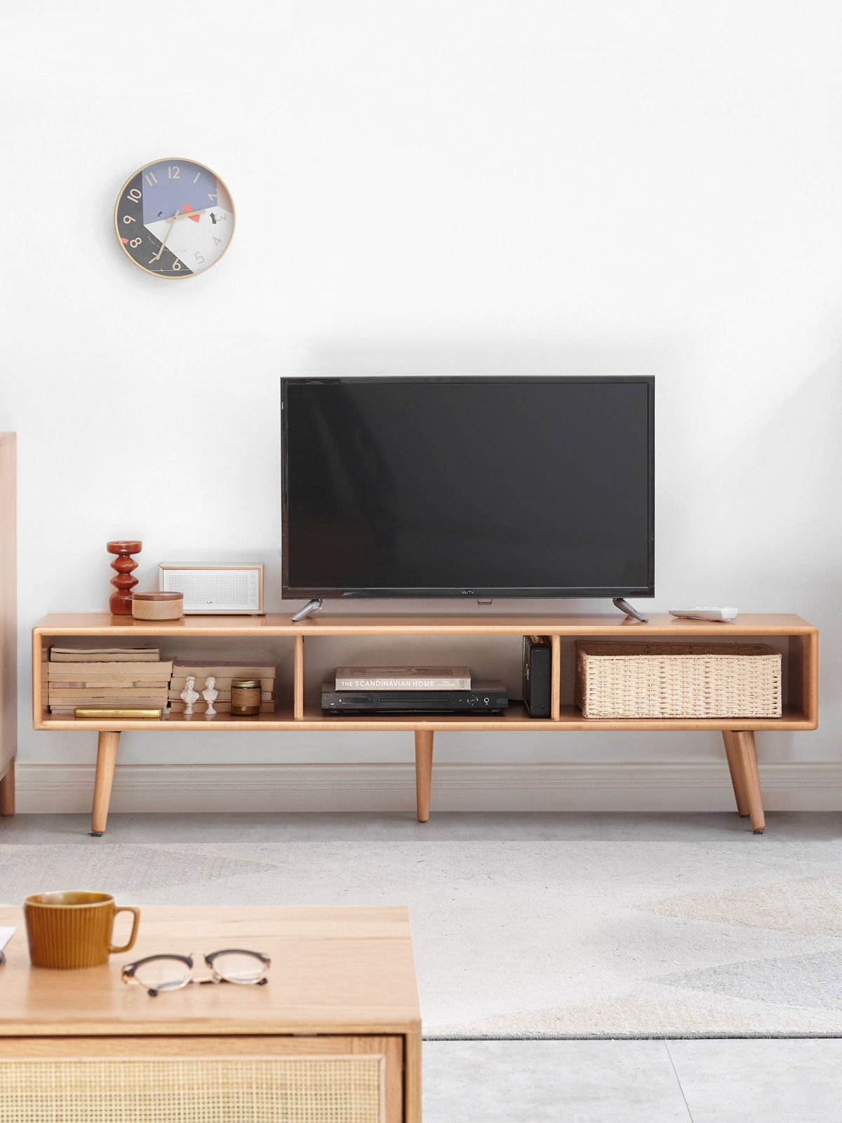 Solid Beech Wood TV Stand with Open Storage - Modern Entertainment Center for Living Room, Bedroom & Home Theater