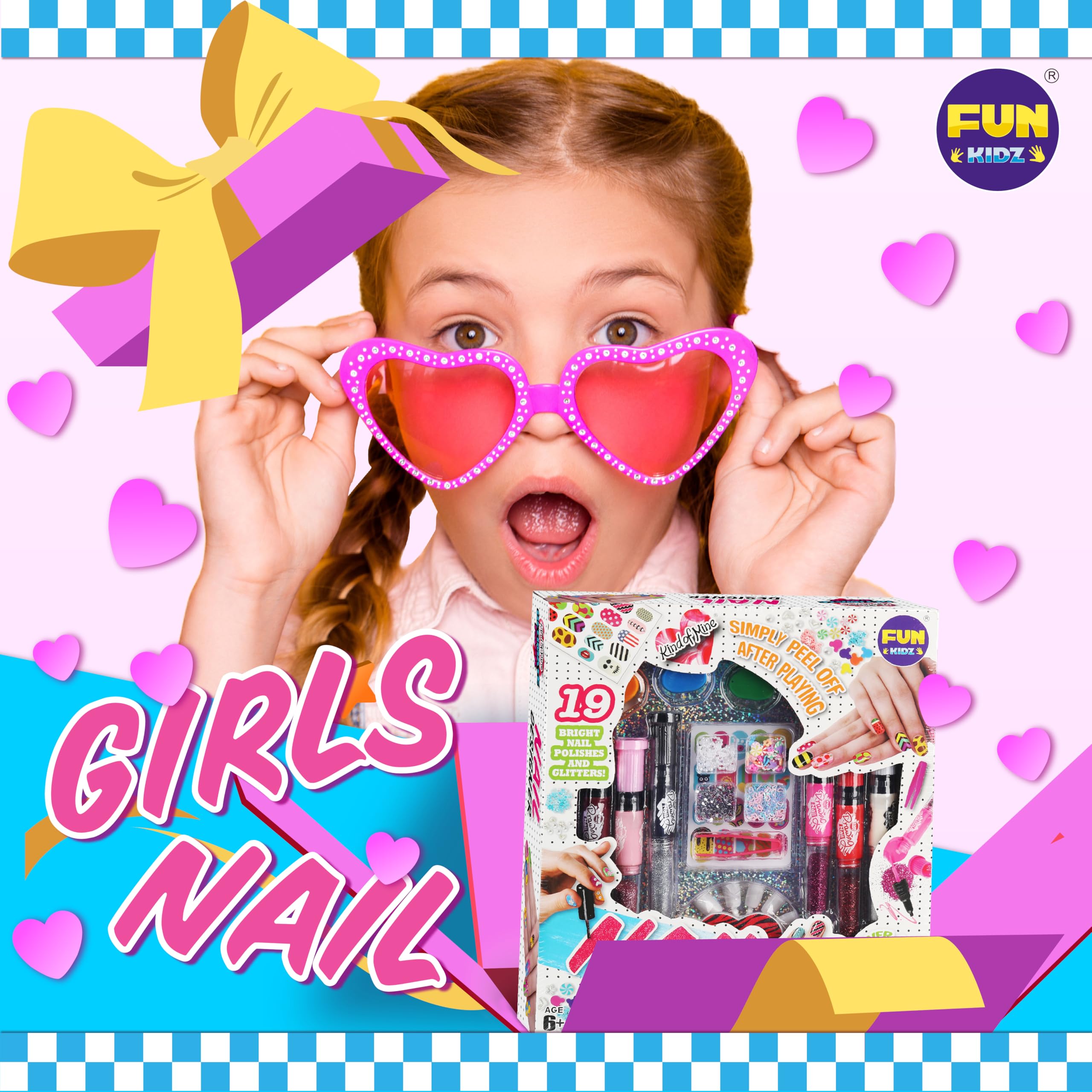 FunKidz Nail Polish Pens Kit for Girls 7-12 - Peelable Nail Art Set with Glitter & Gems for Party & Play
