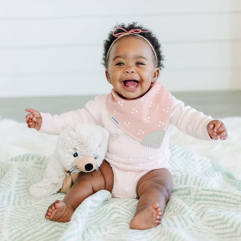 Bazzle Baby Bandana Teething Bibs 4-Pack - Soft Cotton Drool Bibs for Boys & Girls with Silicone Teether, Adjustable & Absorbent Baby Bibs for Drooling (Pink & White) - Perfect for Teething Relief, Mealtime & Everyday Use