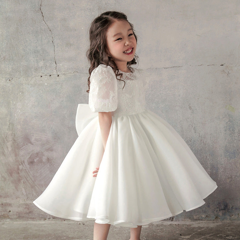 White Princess Lace and Organza Flower Girl Dress with Bows - Elegant First Communion, Wedding Party, and Special Occasion Dress for Toddlers and Kids