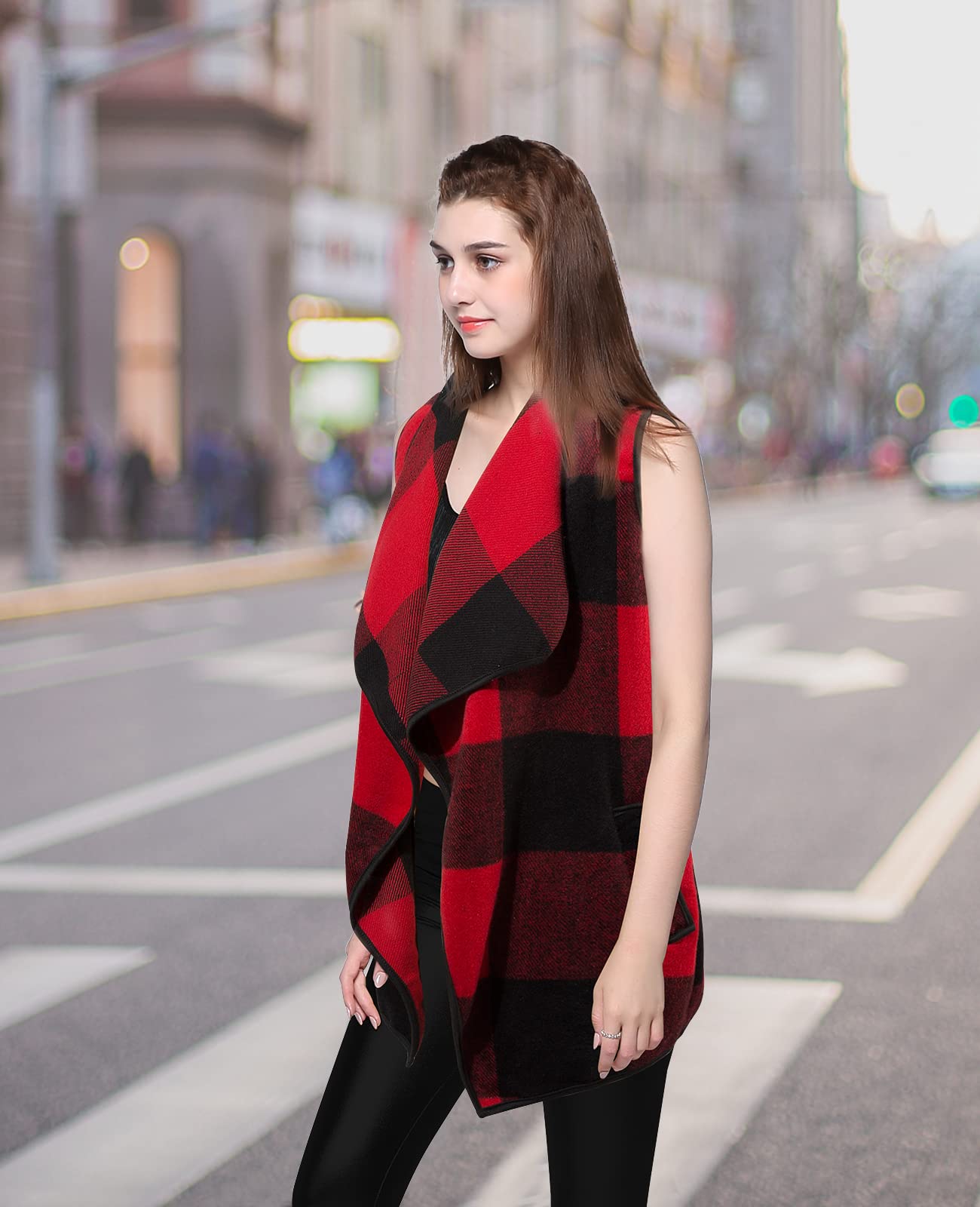 Women's Buffalo Plaid Sweater Vest in Red - Cozy Knit Cardigan for Fall & Winter Layering, Casual Outfits and Outdoor Activities