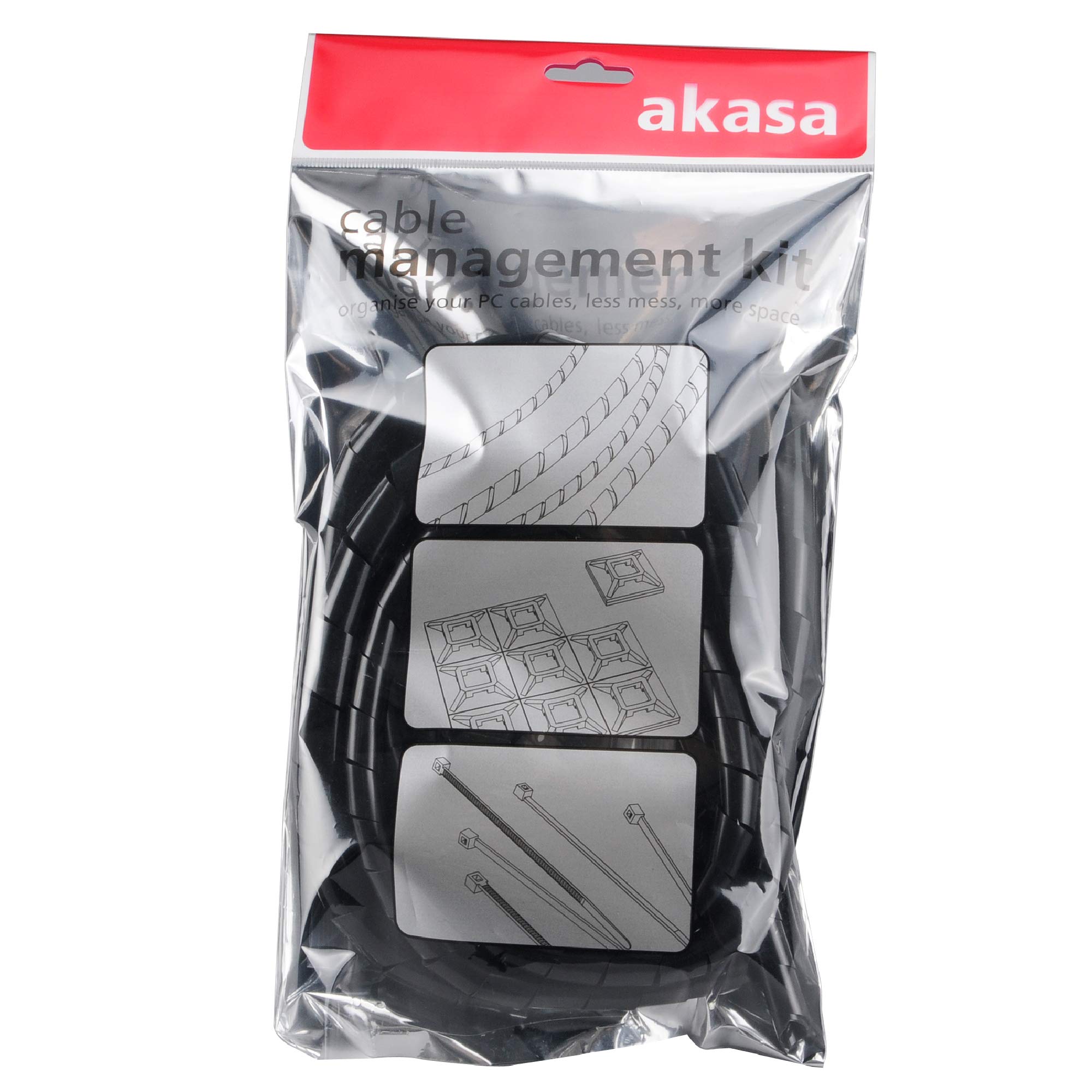 Akasa Cable Tidy Kit - 50pcs Black Cable Management Organizer with Self-Adhesive Clips, Cable Ties & Sleeves for Home Office, Gaming Setup & TV Wire Organization (AK-TK-01BK)