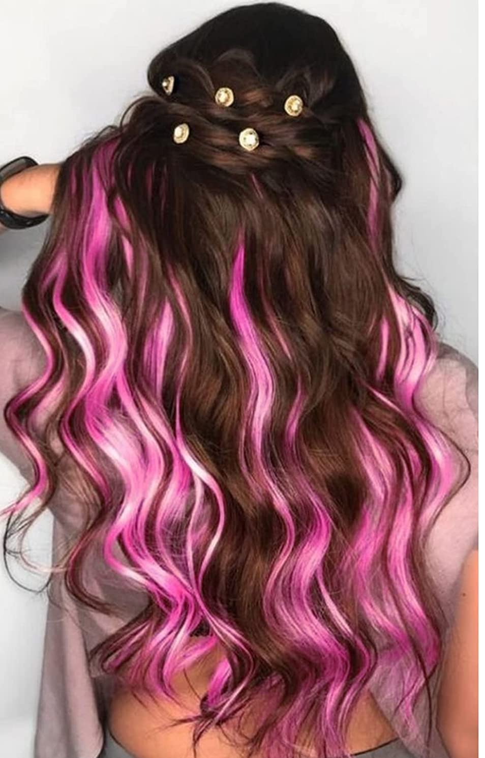 Raaya Set of 2 Pcs Clip-in Hair Extensions for Women & Girls - Pink Colored Synthetic Hair Extensions for Volume & Length - Perfect for Parties, Weddings & Daily Styling