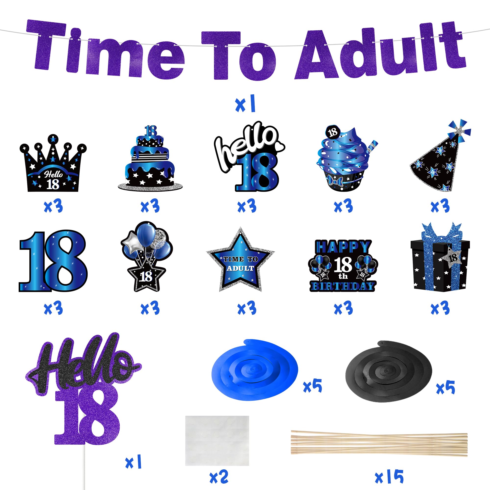 WATINC 42-Piece Blue Black Purple 18th Birthday Party Decorations Set - Hanging Garland Swirls, Cake Toppers & Centerpieces for 18-Year-Old Boys & Girls - Perfect for Birthday Parties, Adult Celebrations & Cake Decorations