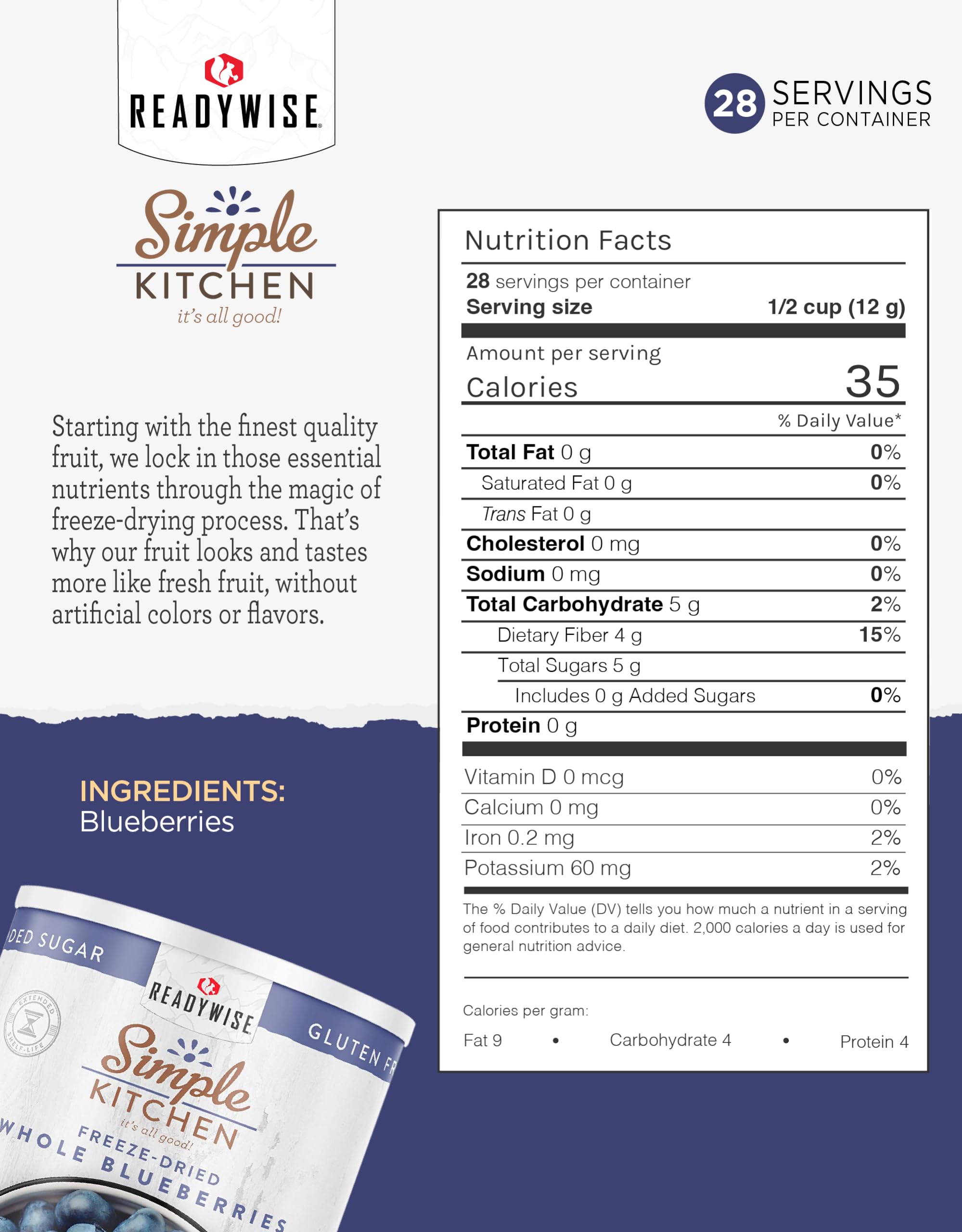 READYWISE Freeze Dried Whole Blueberries - 28 Servings, Vegan, Gluten Free, Non-GMO, Healthy Fruit Snacks for Hiking, Camping & Emergency Food Storage