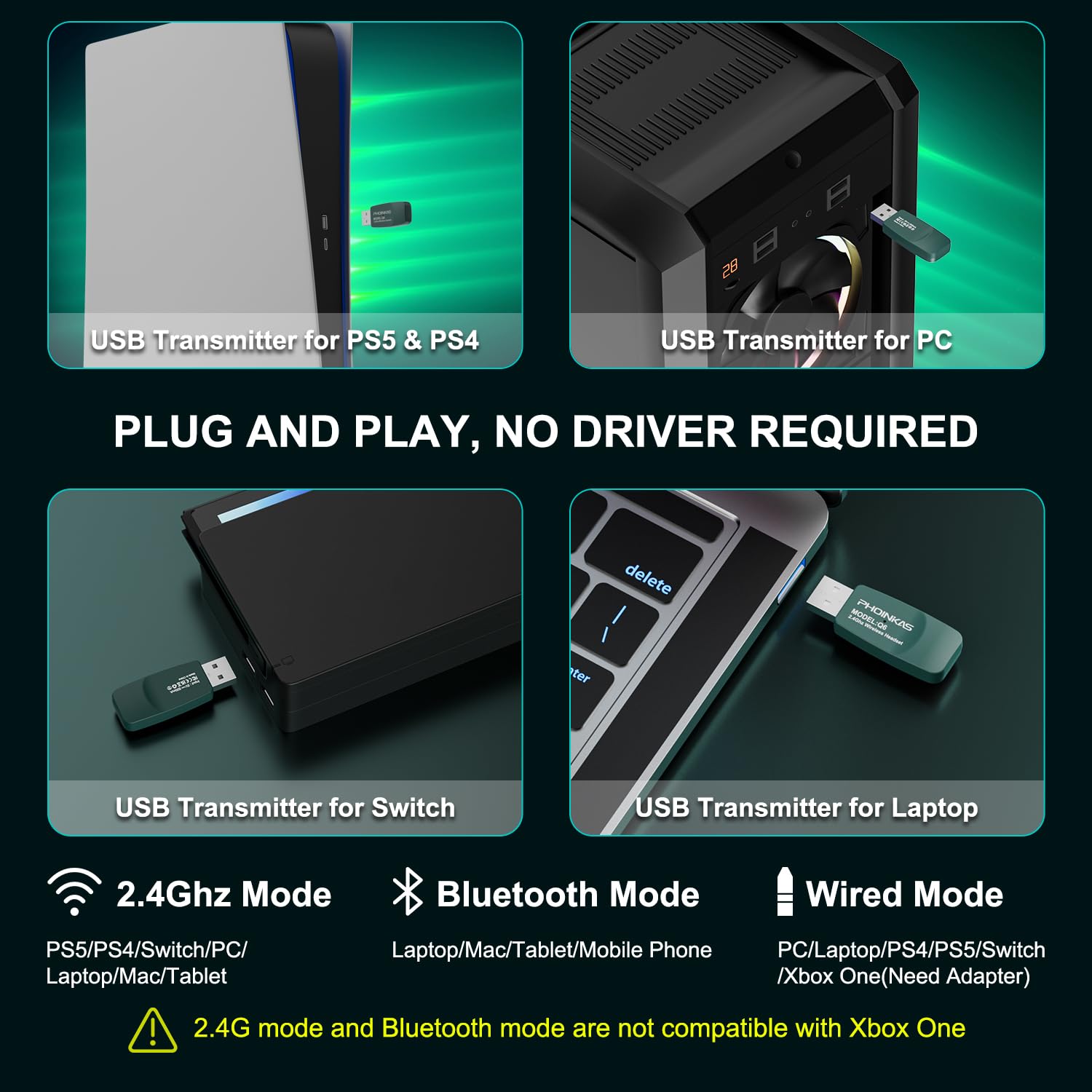 PHOINIKAS Wireless Gaming Headset with Dual-Chips Bluetooth 5.3 for PC/PS4/PS5/Switch/Mobile/Laptop, 2.4Ghz USB Dongle, Noise Cancelling Mic, 30H Battery Life, RGB Lights - Perfect for Gaming, Streaming & Online Meetings