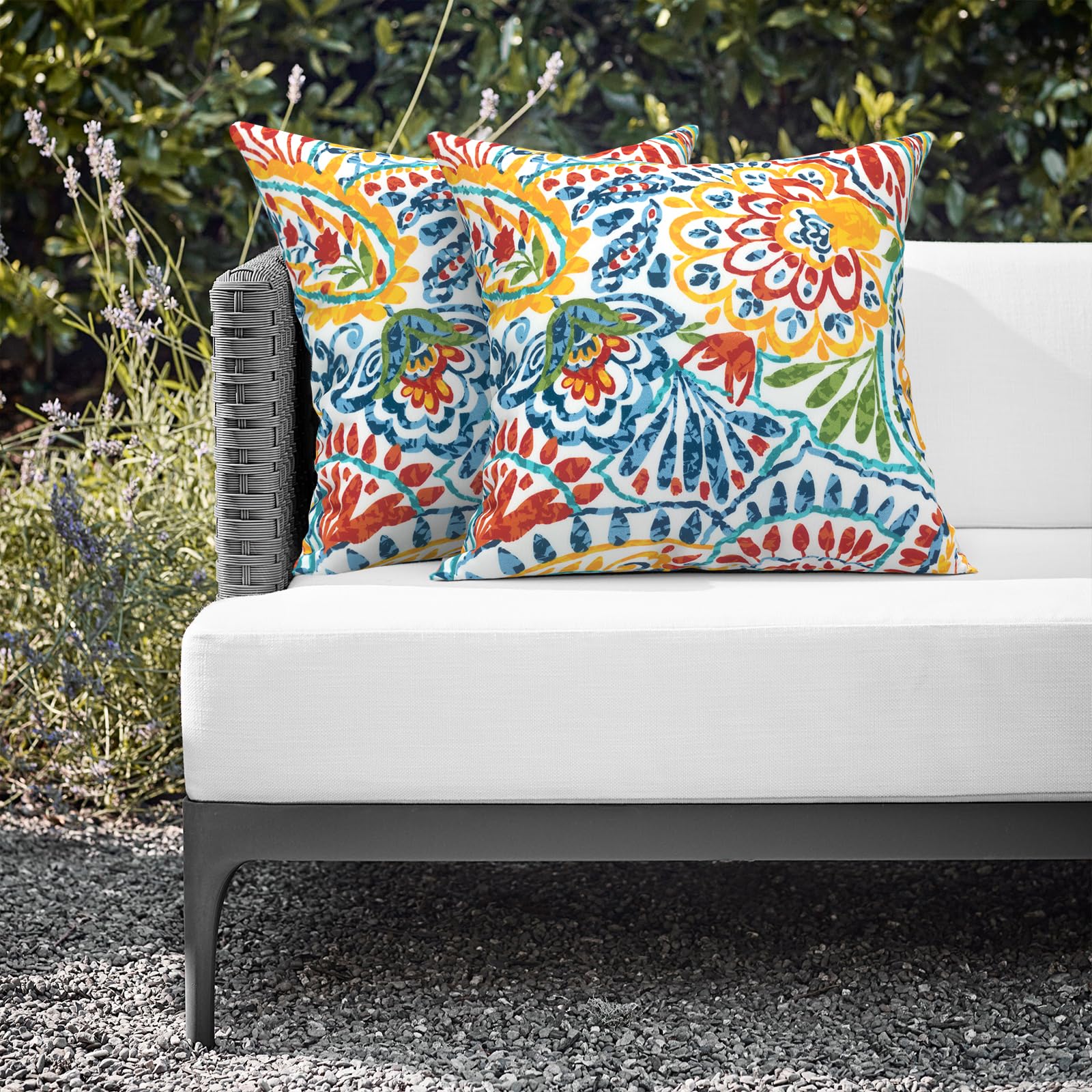 Waterproof Outdoor Throw Pillows 16x16 Inch - Set of 2 Paisley Printed Patio Cushions with Removable Covers, All-Weather Garden Sofa Pillows for Porch, Deck, Poolside & Backyard Furniture Decor