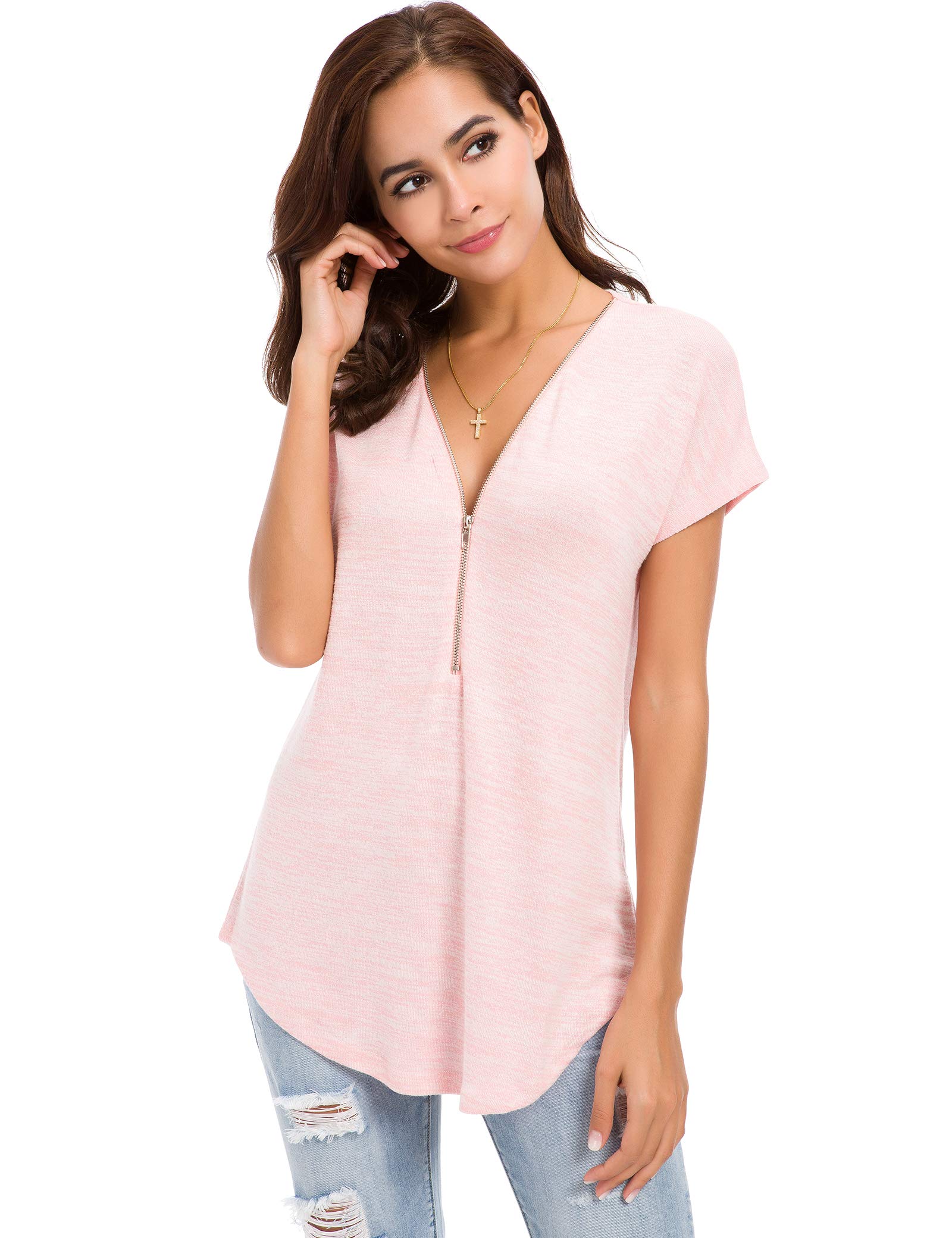 LUSMAY Women's Casual V-Neck Zipper Tunic Top - Loose Fit Short Sleeve Blouse for Summer Outfits, Beach Wear & Everyday Comfort