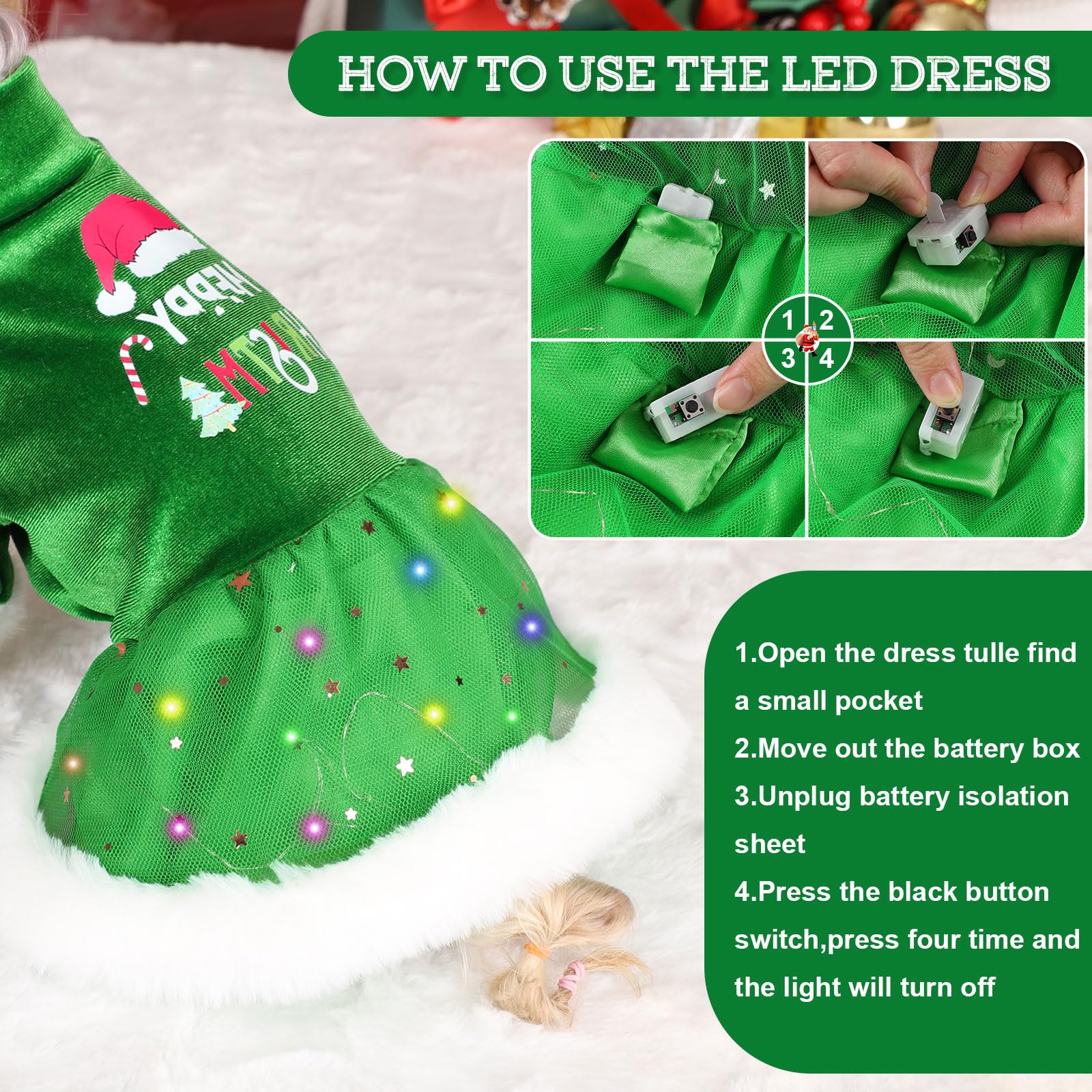 LED Light Pet Christmas Sweater Dress for Small Dogs - Festive Green Velvet Puppy Outfit with Soft Fabric for Holiday Parties & Family Photos