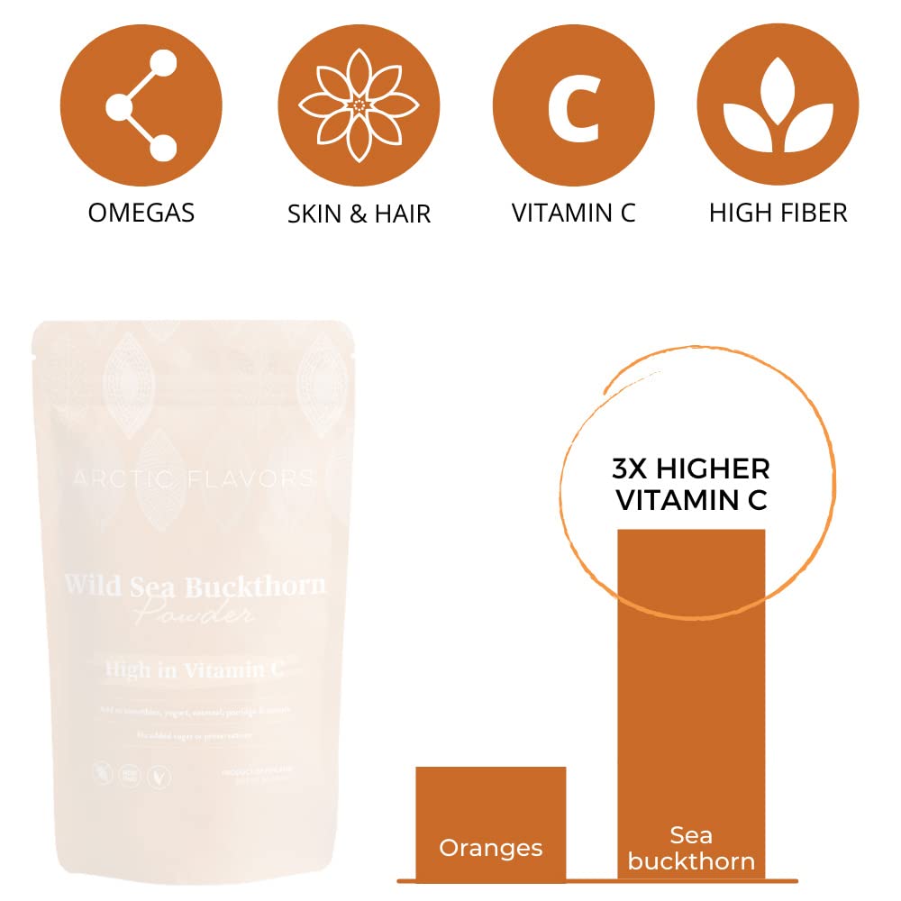 Premium Organic Sea Buckthorn Powder - Rich in Omega 3 6 7 9 Fatty Acids & Vitamin C - Cold-Pressed Sea Buckthorn Oil - Freeze Dried Whole Berries - Sustainably Grown in Finland - 15oz (5 Pack) - Perfect for Smoothies, Skin Care & Immune Support