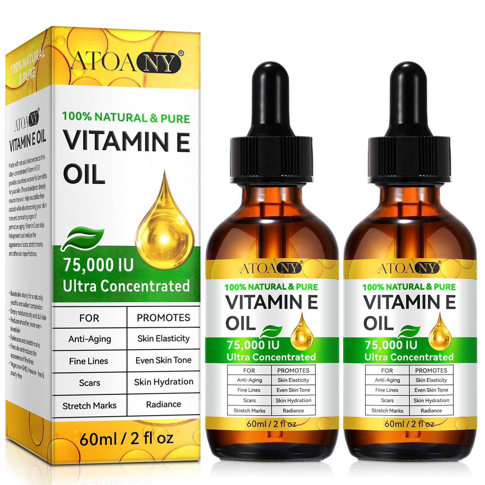 75,000 IU Ultra Pure Organic Vitamin E Oil for Face & Skin Care - 2 Pack - Hydrates & Nourishes Dry Skin, Reduces Wrinkles & Scars - Perfect for Night Routine & DIY Beauty Treatments