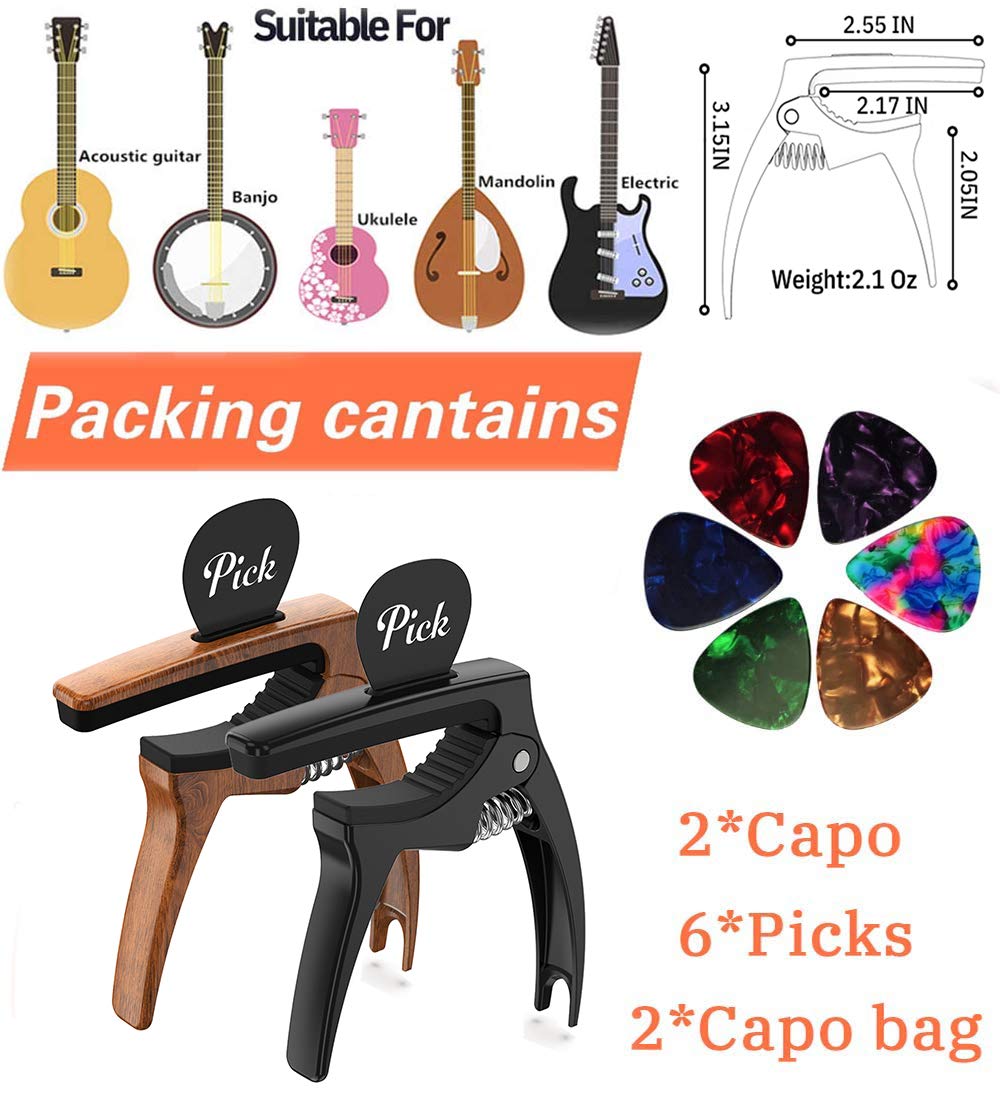 3-in-1 Guitar Capo for Acoustic & Electric Guitars with Pick Holder - 2 Pack Includes 6 Picks - Universal Ukulele Capo - Premium Strings Accessories (Black & Wood) - Perfect for Live Performances, Studio Recording & Practice Sessions