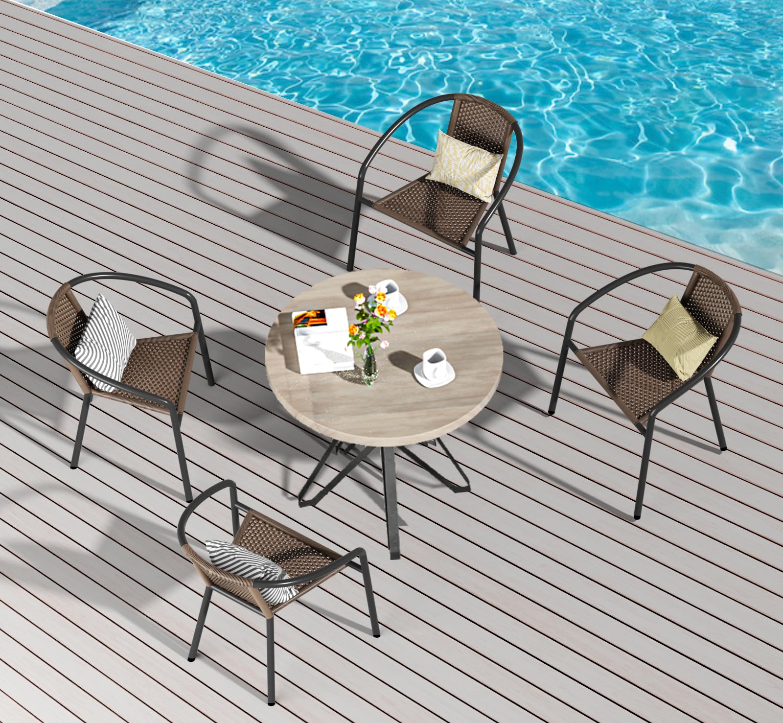 4 Pack Stackable Wicker Rattan Patio Chairs - Outdoor Dining Chairs Set with Metal Frame for Balcony, Deck, Bistro, Backyard & Porch | Perfect for Garden Parties, Poolside Lounging & Outdoor Entertaining (Brown)