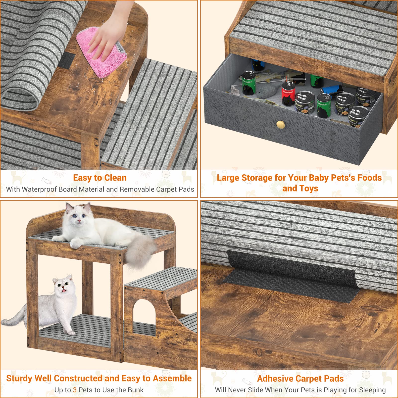 Cyclysio Super Large Pet Window Perch with Stairs - Multi-Level Cat Bunk Bed with Mats & Drawers - Rustic Pet Bed Couch for Cats - Perfect for Bedside, Living Room & Indoor Use - Cozy Spot for Napping, Sunbathing & Watching Birds