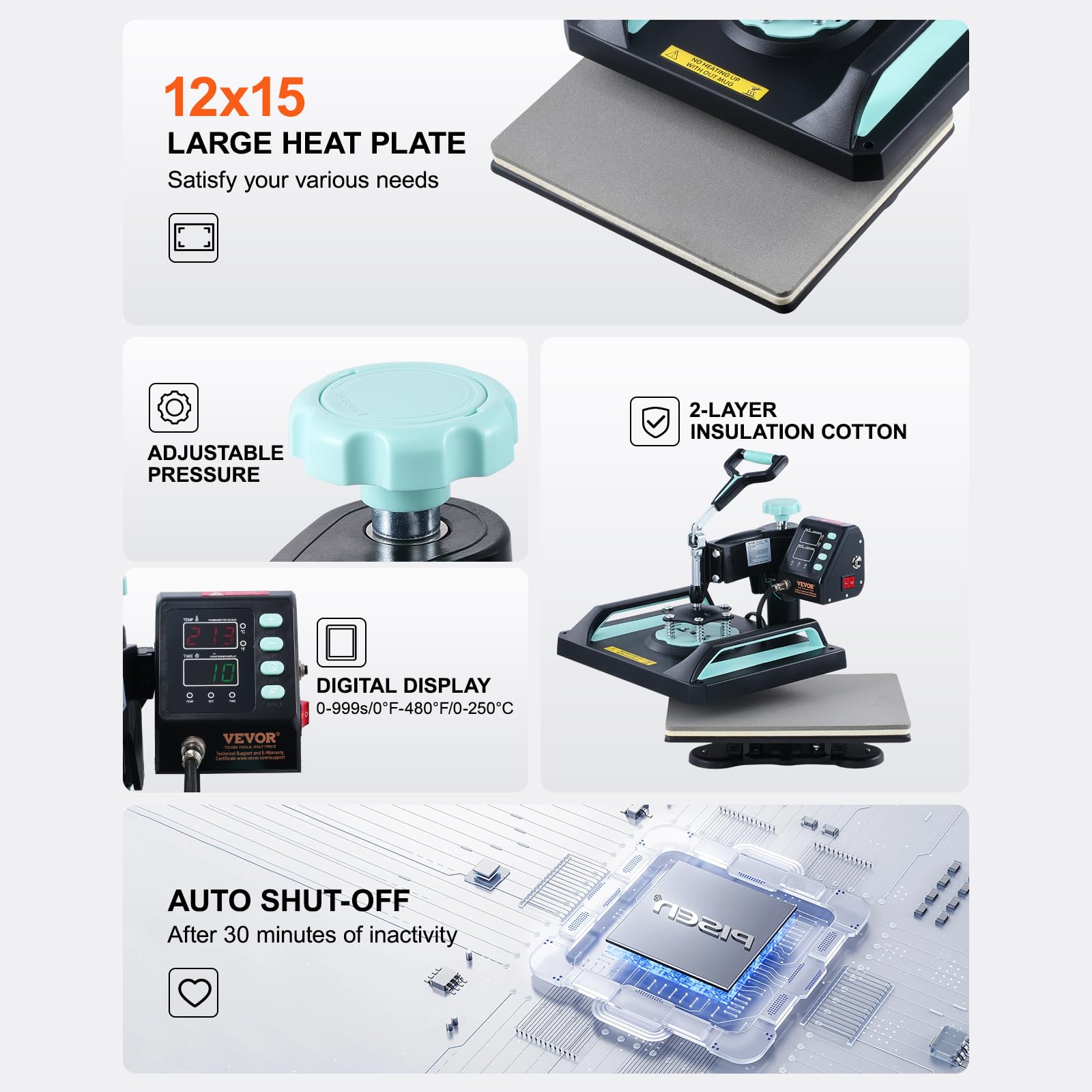 VEVOR 8-in-1 Digital Heat Press Machine for T-Shirts, Hats, Mugs & Plates - 12x15 Inch Swing Away T-Shirt Press with 30oz Tumbler Press, Hat Press & Plate Press (Light Green) - Perfect for DIY Custom Apparel, Sublimation Projects & Small Business Printing