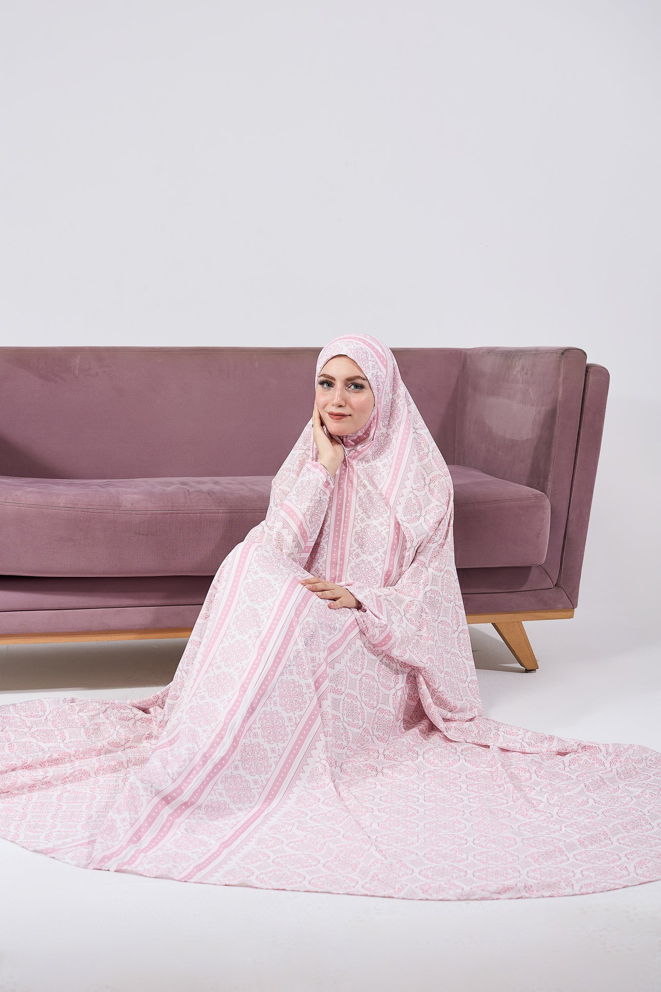 Aaliyah Blush Satin Prayer Gown with Intricate Floral Embroidery - Elegant Islamic Prayer Dress for Women, Modest Nightgown & Special Occasion Wear