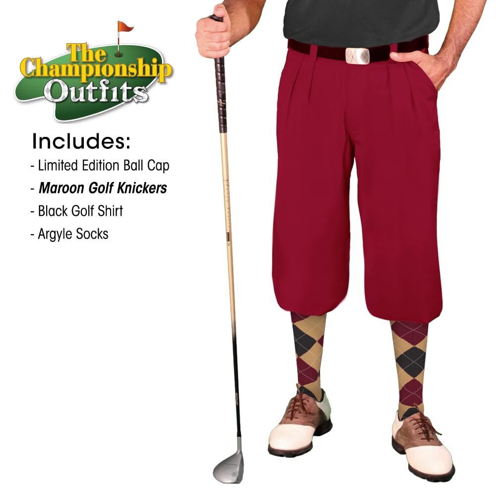 Men's Stylish Outfit Set - Maroon Microfiber Black Golf Shirt, Limited Edition Ball Cap & Over-The-Calf Argyle Socks | Perfect for Golf, Casual Wear & Outdoor Activities
