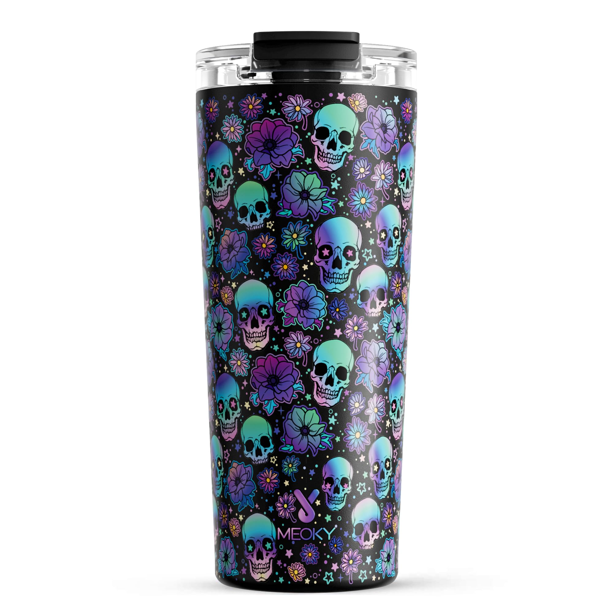Meoky 24oz Stainless Steel Halloween Coffee Tumbler - Insulated Travel Mug with Leakproof Lid | Keeps Beverages Hot 8 Hours & Cold 24 Hours | Car Cup Holder Compatible | Perfect for Office, Commuting & Halloween Parties (Black Skull Design)