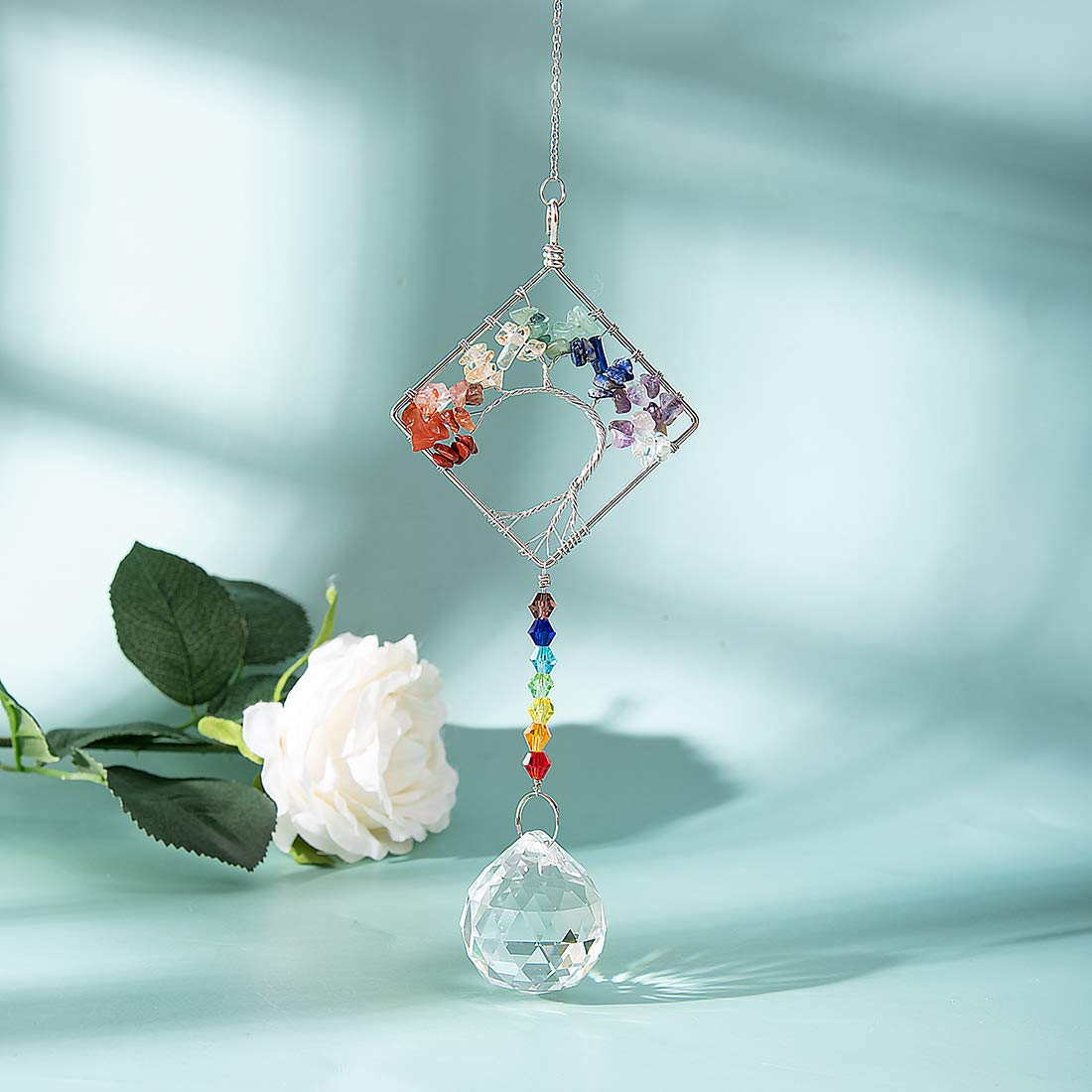 LONGSHENG Chakra Stone Life Tree Suncatcher Set of 2 - Handmade Crystal Glass Ornament for Home Decor, Rainbow Maker & Feng Shui Gift | Perfect for Meditation Rooms, Yoga Studios & Spiritual Spaces (Since 2001)